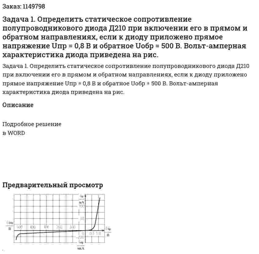 Задача 1. Определить статическое сопротивление полупроводникового диода Д210 при включении его в прямом и обратном направлениях, если к диоду приложено прямое напряжение Uпр = 0,8 В и обратное Uобр = 500 В. Вольт-амперная характеристика диода приведена на рис. 