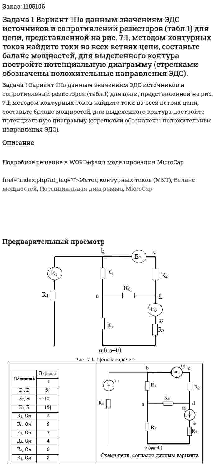 Задача 1 Вариант 1По данным значениям ЭДС источников и сопротивлений резисторов (табл.1)  для цепи, представленной на рис. 7.1, методом контурных токов найдите токи во всех ветвях цепи, составьте баланс мощностей, для выделенного контура постройте потенциальную диаграмму (стрелками обозначены положительные направления ЭДС).  