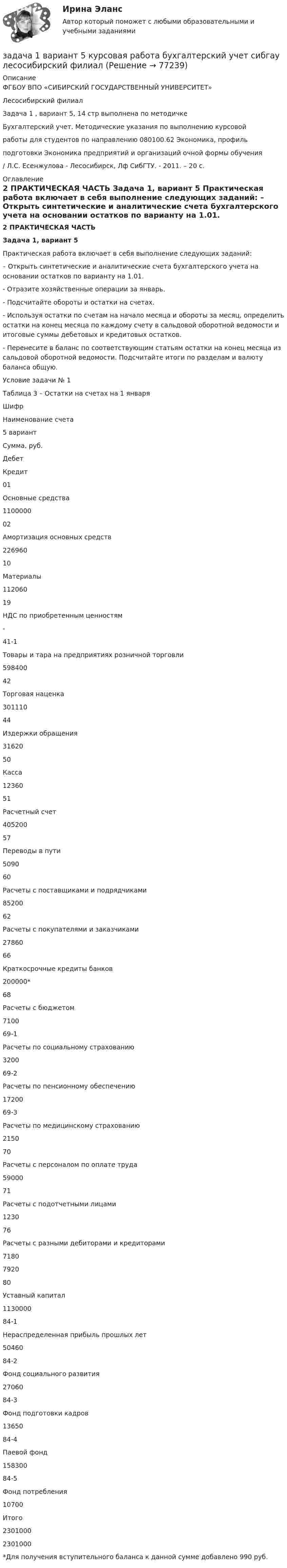    
            Описание
            ФГБОУ ВПО «СИБИРСКИЙ ГОСУДАРСТВЕННЫЙ УНИВЕРСИТЕТ»Лесосибирский филиалЗадача 1 , вариант 5, 14 стр  выполнена по методичкеБухгалтерский учет. Методические указания по выполнению курсовойработы для студентов по направлению 080100.62 Экономика, профильподготовки Экономика предприятий и организаций очной формы обучения/ Л.С. Есенжулова - Лесосибирск, Лф СибГТУ. - 2011. – 20 с. 
            Оглавление
            2 ПРАКТИЧЕСКАЯ ЧАСТЬ  Задача 1, вариант 5 	Практическая работа включает в себя выполнение следующих заданий:         – Открыть синтетические и аналитические счета бухгалтерского учета на основании остатков по варианту на 1.01.	-                  Отразите хозяйственные операции за январь.	-                  Подсчитайте обороты и остатки на счетах.	-                  Используя остатки по счетам на начало месяца и обороты за месяц, определить остатки на конец месяца по каждому счету в сальдовой оборотной ведомости и итоговые суммы дебетовых и кредитовых остатков.	-                  Перенесите в баланс по соответствующим статьям остатки на конец месяца из сальдовой оборотной ведомости. Подсчитайте итоги по разделам и валюту баланса общую. 	Условие задачи № 1Таблица 3 – Остатки на счетах на 1 января  ШифрНаименование счета 5 вариант    Сумма, руб.   Дебет  Кредит   01  Основные средства  1100000    02  Амортизация основных средств  226960   10  Материалы  112060    19  НДС по приобретенным ценностям  -     41-1  Товары и тара на предприятиях розничной торговли  598400    42  Торговая наценка   301110   44  Издержки обращения  31620    50  Касса  12360    51  Расчетный счет  405200     57  Переводы в пути  5090    60  Расчеты с поставщиками и подрядчиками   85200    62  Расчеты с покупателями и заказчиками  27860     66  Краткосрочные кредиты банков   200000*   68  Расчеты с бюджетом   7100    69-1  Расчеты по социальному страхованию   3200    69-2  Расчеты по пенсионному обеспечению   17200    69-3  Расчеты по медицинскому страхованию   2150    70  Расчеты с персоналом по оплате труда   59000    71  Расчеты с подотчетными лицами  1230     76  Расчеты с разными дебиторами и кредиторами  7180  7920    80  Уставный капитал   1130000    84-1  Нераспределенная прибыль прошлых лет   50460    84-2  Фонд социального развития   27060    84-3  Фонд подготовки кадров   13650    84-4  Паевой фонд   158300   84-5  Фонд потребления   10700    Итого  2301000  2301000    *Для получения вступительного баланса к данной сумме добавлено 990 руб.  
            
            
            Задача 1. Вариант 2 Представить данную выборку в виде вариационного ряда. Построить полигон частот, гистограмму, кумуляту и график эмпирической функции распределения.. 2задача 1 вариант 5 курсовая работа бухгалтерский учет сибгау лесосибирский филиал Задача 1 Василию Петровичу 50 лет, и в следующем году его оклад составит 40000 рублей. Он планирует уход на пенсию в 60 лет. а) Какова приведенная стоимость его будущих доходов (до выхода на пенсию) при годовой ставке 8%? б) Сколько он накопит к 60-ти годам, если он будет ежегодно сберегать половину жалованья и вкладывать сбережения под 12% годовых?Задача 1. В базисном периоде потребление сыра на одного человека в год составило Пб кг, цена 1 кг сыра - Цб руб. Коэффициент эластичности спроса (потребления) по цене равен Кэ. В прогнозном периоде предусматривается рост цены до Цп руб. Определить спрос и изменение спроса на сыр в прогнозном периоде.Задача 1 В банке берется кредит - на сумму 390 тыс. руб. - на срок 9 лет; а) под простую ставку: 11% годовых б) под сложную ставку: 8 % годовых. Определите, какую сумму нужно выплатить банку.Задача 1. В бюджетное учреждение поступил компьютер от поставщиков стоимостью 50000 руб. Поставщикам перечислили за компьютер с лицевого счета в казначействе. Этим же числом компьютер ввели в эксплуатацию. Срок полезного использования компьютера 60 месяцев. В феврале начислили амортизацию. Составить бухгалтерские проводки.Задача 1. В бюджетное учреждение поступил компьютер от поставщиков стоимостью 50000 руб. Поставщикам перечислили за компьютер с лицевого счета в казначействе. Этим же числом компьютер ввели в эксплуатацию. Срок полезного использования компьютера 60 месяцев. В феврале начислили амортизацию. Составить бухгалтерские проводки.. 2Задача 1 АО (РФ) и испанская фирма заключили контракт о поставке последней российскому контрагенту двух партий рыбных консервов. Первая партия товара была поставлена в срок, однако АО (РФ) поставленный товар не оплатила.Задача 1. АО «Стройнефтегаз» в установленном порядке купило у Тюменского приборостроительного комбината пансионат. После этого АО обратилось в Ейскую районную администрацию Краснодарского края (по месту нахождения пансионата) с ходатайством об оформлении права пользования земельным участком. АО было отказано, т.к. стороны до заключения договора купли- продажи пансионата должны были согласовать с администрацией вопрос о пользовании земельным участком. К какой категории земель относится данный земельный участок?Задача 1 Банк выдал ссуду на 35 дней в размере 100 тыс. руб. под простую процентную ставку 20% годовых. Рассчитать доход банка, если при начислении простых процентов считается, что в году а) 360 дней; б) 365 дней.Задача 1-б. Колесо радиусом R вращается согласно закону, указанному в таблице 2. № вар. Закон движения R(м) t1(с) α(град) v(м/c) аτ(м/с2) an(м/с2) а(м/с2) ω(1/с) ε(1/с2) 17 φ = 0,2t2 - t ? 3 84,3o ? ? ? ? ? 1/3 Для точек, лежащих на ободе колеса, определить характеристики движения, отмеченные в таблице знаком «?», в момент времени t1. . α - это угол, составляемый вектором полного ускорения одной из точек на ободе с радиусом колеса в момент времени t1.Задача 1. Бригада рабочих была занята обработкой одинаковых изделий в течение 8-часового рабочего дня. Первый рабочий затрачивал на одну деталь 12 минут, второй - 15 мин., третий - 11, четвертый - 16 и пятый - 14 минут. Определить среднее время, необходимое на изготовление одной детали.Задача 1 Быков обвинялся в том, что организовал покушение на убийство Струганова, несостоявшееся в связи с тем, что Василенко, которому было поручено совершение убийства, отказался от его исполнения и сообщил о данном поручении в органы Федеральной службы безопасностиЗАДАЧА 1. Вариант 12. 1. Электрон в водородоподобном ионе  движется по круговой орбите, радиус которой определяется соотношением  =  n2, где r1 = 0,53  1010 м – радиус первой боровской орбиты электрона,