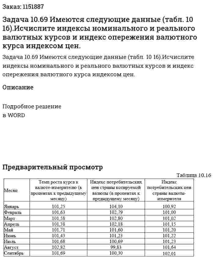 Задача 10.69  Имеются следующие данные (табл. 10 16).Исчислите индексы номинального и реального валютных курсов и индекс опережения валютного курса индексом цен. 