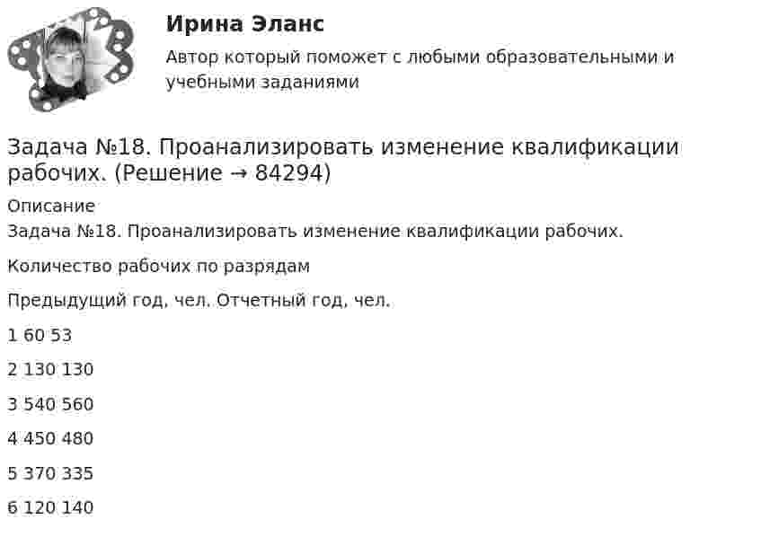      
            Описание
            	Задача №18. Проанализировать изменение квалификации рабочих.  Количество рабочих по разрядам Предыдущий год, чел. Отчетный год, чел.   1 60 53   2 130 130   3 540 560   4 450 480   5 370 335   6 120 140     
            
            
            Задача № 1.3 Условие. Автомобиль застрахован по пропорциональной системе ответственности на 64 тыс. д.е. Его действительная стоимость равна 76 тыс. д.е. При какой сумме ущерба страховое возмещение будет равно 49 тыс. д.е.? Задача № 2.3. 3Задача №18. Проанализировать изменение квалификации рабочих.Задача № 1.8 Расстояние между городами А, В, С, D, Е (в сотнях км) дано таблицей. Требуется построить сеть железных дорог так, чтобы количество затраченных рельсов было минимальным, и пассажир мог из каждого города проехать в любой другой город.Задача №18 Электронные выпрямителиЗадача № 19. Проанализировать изменение квалификации служащих.Задача №1 Альтернативная стоимость 1 стола равна 2 стульям. Максимально возможное количество стульев равно 40. Каково максимально возможное количество производства стульев при производстве 10 столов?Задача № 1. Битюк, Xаров и Самин решили похитить автомобиль. Напав на водителя такси Чуева, они избили его, нанеся множественные удары руками и ногами по различным частям тела, в том числе в голову потерпевшего, а Xаров, кроме того, нанёс несколько ударов монтажным ключом в голову и по другим частям тела потерпевшего.Задача 9 Одна из сторон треугольника равна 15 см, длина второй равна 80% первой, а длина третей – 150% второй. Чему равен периметр этого треугольникаЗадача 9 По данным выборочного наблюдения распределение автомобилей по величине суточного пробега характеризуется следующими данными: Суточный пробег, км Число автомобилейЗадача 9 Убедитесь в том, что плоская конструкция АВС является статически неопределимой. Какую связь нужно поставить в точке С вместо цилиндрического шарнира для того, чтобы конструкция осталась геометрически неизменяемой, превратившись в Задача № 1 1. Создание информационной базы исследования. Используя пакеты профессиональных статистических программ Statistica, SPSS или электронные таблицы Microsoft Excel, создайте лист для массива данных следующего вида.Задача № 1.1 Условие. Стоимость имущества универмага потребительской кооперации составляет 65 млн. д.е., страховая сумма – 50 млн. д.е. Ущерб при наступлении страхового случая составил 45 млн. д.е.Задача № 1 23 мая 2018 г. было возбуждено уголовное дело в отношении Карпова, подозревавшегося в совершении в отношении совершеннолетней Прониной преступления, предусмотренного ч. 2 ст. 131 УК РФ.Задача № 1.3 Условие. Автомобиль застрахован по пропорциональной системе ответственности на 64 тыс. д.е. Его действительная стоимость равна 76 тыс. д.е. При какой сумме ущерба страховое возмещение будет равно 49 тыс. д.е.? Задача № 2.3