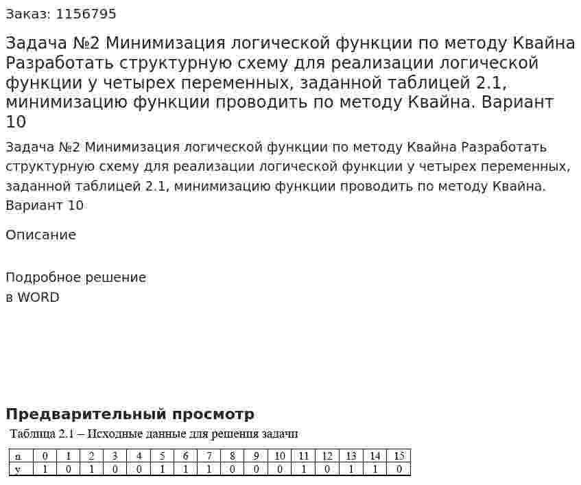 Задача №2 Минимизация логической функции по методу Квайна  Разработать структурную схему для реализации логической функции y четырех переменных, заданной таблицей 2.1, минимизацию функции проводить по методу Квайна. Вариант 10 