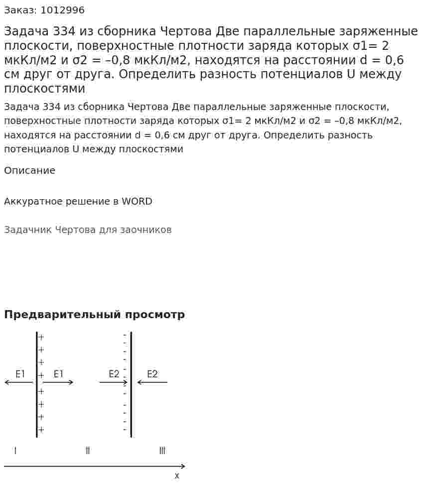 Задача 334 из сборника Чертова Две   параллельные   заряженные   плоскости,   поверхностные плотности заряда которых σ1= 2 мкКл/м2 и   σ2 = –0,8   мкКл/м2,   находятся   на   расстоянии   d = 0,6 см друг от друга. Определить разность потенциалов U между плоскостями 