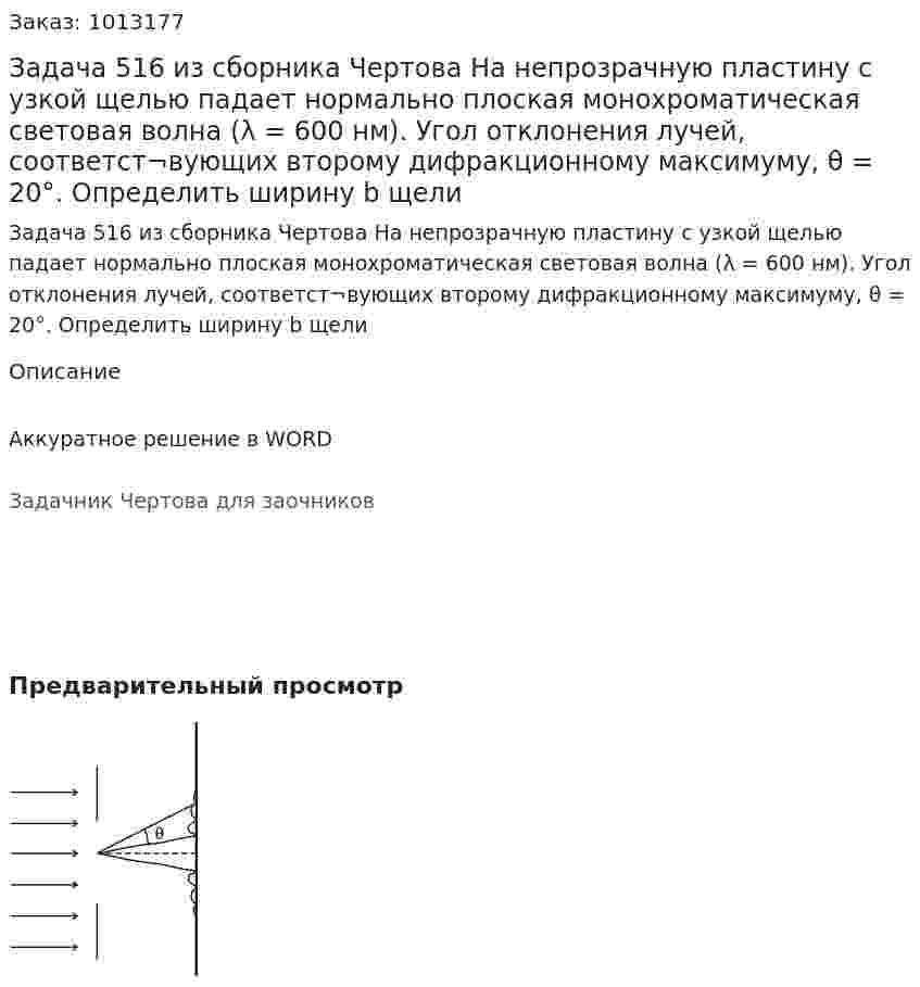 Задача 516 из сборника Чертова  На  непрозрачную пластину с узкой  щелью падает   нормально   плоская   монохроматическая   световая волна (λ = 600 нм). Угол отклонения лучей, соответст¬вующих второму дифракционному максимуму, θ = 20°. Определить ширину b щели 