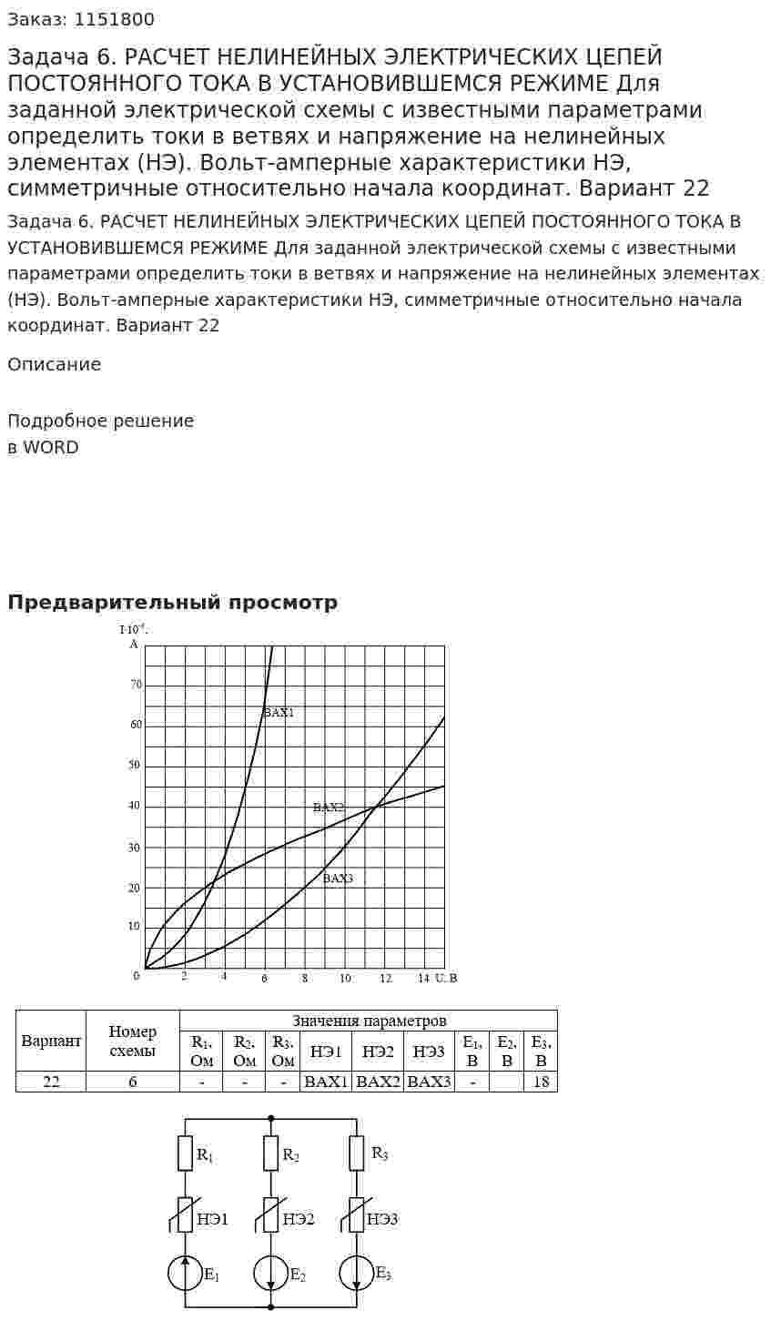 Задача 6. РАСЧЕТ НЕЛИНЕЙНЫХ ЭЛЕКТРИЧЕСКИХ ЦЕПЕЙ ПОСТОЯННОГО ТОКА В УСТАНОВИВШЕМСЯ РЕЖИМЕ  Для заданной электрической схемы с известными параметрами определить токи в ветвях и напряжение на нелинейных элементах (НЭ). Вольт-амперные характеристики НЭ, симметричные относительно начала координат. Вариант 22 
