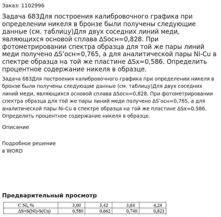 Задача 683Для построения калибровочного графика при определении никеля в бронзе были получены следующие данные (см. таблицу)Для двух соседних линий меди, являющихся основой сплава ∆Sосн=0,828. При фотометрировании спектра образца для той же пары линий меди получено ∆S’осн=0,765, а для аналитической пары Ni-Cu в спектре образца на той же пластине ∆Sх=0,586. Определить процентное содержание никеля в образце. 