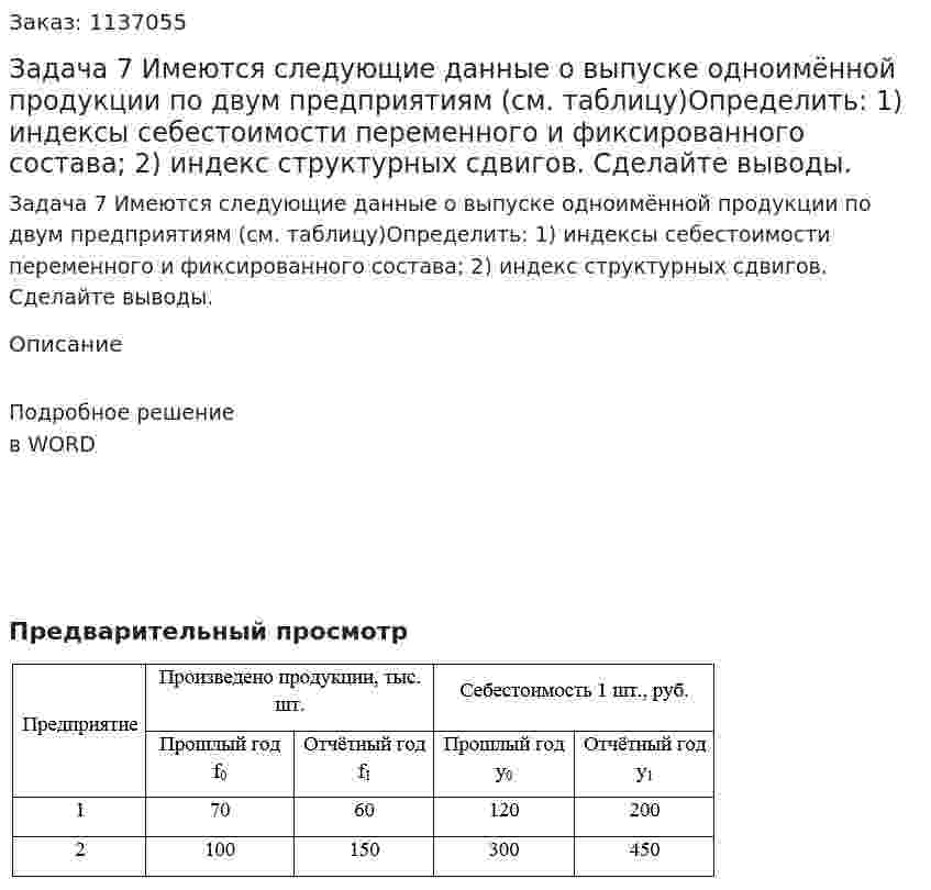 Задача 7 Имеются следующие данные о выпуске одноимённой продукции по двум предприятиям (см. таблицу)Определить: 1) индексы себестоимости переменного и фиксированного состава; 2) индекс структурных сдвигов. Сделайте выводы. 