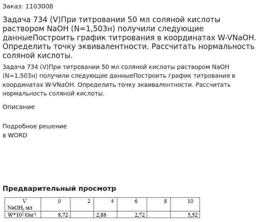 Задача 734 (V)При титровании 50 мл соляной кислоты раствором NaOH (N=1,503н) получили следующие данныеПостроить график титрования в координатах W-VNaOH. Определить точку эквивалентности. Рассчитать нормальность соляной кислоты. 