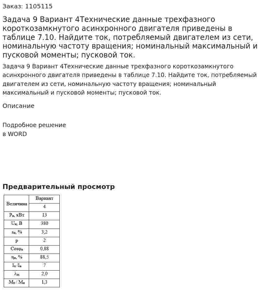 Задача 9 Вариант 4Технические данные трехфазного короткозамкнутого асинхронного двигателя приведены в таблице 7.10. Найдите ток,  потребляемый двигателем из сети, номинальную частоту вращения; номинальный максимальный и пусковой моменты; пусковой ток. 