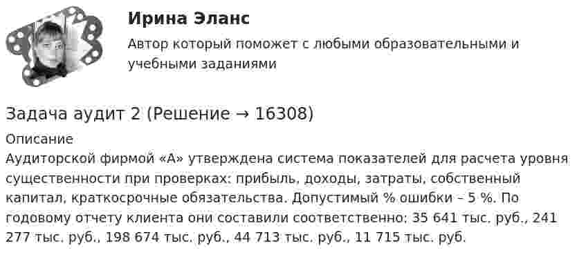      
          Описание
          	Аудиторской фирмой «А» утверждена система показателей для расчета уровня существенности при проверках: прибыль, доходы, затраты, собственный капитал, краткосрочные обязательства. Допустимый % ошибки – 5 %. По годовому отчету клиента они составили соответственно: 35 641 тыс. руб., 241 277 тыс. руб., 198 674 тыс. руб., 44 713 тыс. руб., 11 715 тыс. руб.   
            
            
            Задача аудитЗадача аудит 2Задача аудит 3Задача бизес планЗадача бизнес планЗадача бизнес планЗадача бизнес планЗАДАЧА № 6 Для стальной балки, работающей на изгиб, подобрать размеры поперечных сечений исходя из условия ее прочности Вариант 37Задача АБСЗадача. АдминистративноеЗадача Административное правоЗадача анализа финансового состояния предприятия – это …Задача: анализ оборота розничной торговли райпо за отчетный годЗадача: Английская фирма предъявила иск российской организации в связи с частичной оплатой товара, поставленного по контракту. Требования истца включали: погашения задолженности с начислением на нее процентов годовых за пользование его денежными средствами, возмещение расходов по оплате услуг представителя и по арбитражному сбору. Контракт содержал арбитражную оговорку о рассмотрении споров МКАС при ТПП РФ.
