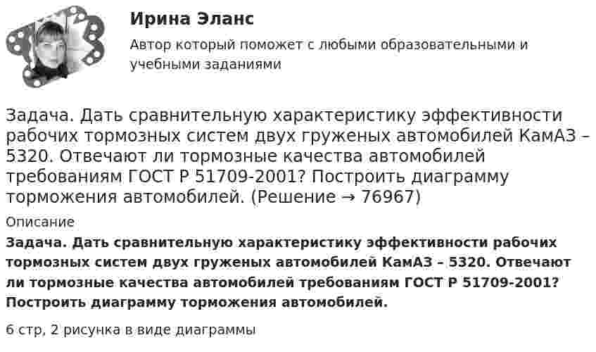     
            Описание
             Задача. Дать сравнительную характеристику эффективности рабочих тормозных систем двух груженых автомобилей КамАЗ – 5320. Отвечают ли тормозные качества автомобилей требованиям ГОСТ Р 51709-2001? Построить диаграмму торможения автомобилей.	6 стр, 2 рисунка в виде диаграммы    
            
            
            Задача Гр. Москвитина в должности главного бухгалтера в ОАО «Класс» проработала более 10 лет. Однако 13.12.2012г. она была уволена, как указано в трудовой книжке, «в связи с сокращением штата согласно п.2 ст.81 Трудового кодекса Российской Федерации».Задача. Дать сравнительную характеристику эффективности рабочих тормозных систем двух груженых автомобилей КамАЗ – 5320. Отвечают ли тормозные качества автомобилей требованиям ГОСТ Р 51709-2001? Построить диаграмму торможения автомобилей.Задача ДВС задача делопроизводствоЗадача деньги, кредит, банкизадача для проходящих практику в юр. клиникеЗадача Домашние хозяйства потребляют 75% располагаемого дохода. Спрос предпринимателей на инвестиции отображается функцией I = 400 – 4 * r , где r – процентная ставка. Спрос на деньги для сделок (трансакционный спрос) составляет 10% производимого дохода, а спекулятивный спрос на деньги отображается функцией Lspec = 200 – 10 * r.задача гражданское правоЗадача гражданское правоЗадача гражданское правоЗадача гражданское правоЗадача Гражданское правоЗадача Гражданское правоЗадача гражд.процесс