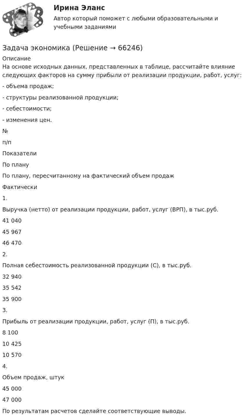      
            Описание
            На основе исходных данных, представленных в таблице, рассчитайте влияние следующих факторов на сумму прибыли от реализации продукции, работ, услуг: - объема продаж; - структуры реализованной продукции; - себестоимости;  - изменения цен.  №п/п Показатели По плану По плану, пересчитанному на фактический объем продаж Фактически   1. Выручка (нетто) от реализации продукции, работ, услуг (ВРП), в тыс.руб. 41 040 45 967 46 470   2. Полная себестоимость реализованной продукции (С), в тыс.руб. 32 940 35 542 35 900   3. Прибыль от реализации продукции, работ, услуг (П), в тыс.руб. 8 100 10 425 10 570   4. Объем продаж, штук 45 000   47 000  По результатам расчетов сделайте соответствующие выводы.   
            
            
            Задача экономикаЗадача экономикаЗадача экономикаЗадача экономикаЗадача экономикаЗадача экономикаЗадача экономикаЗадача экономикаЗадача экономикаЗадача экономикаЗадача экономикаЗадача экономикаЗадача экономикаЗадача экономика