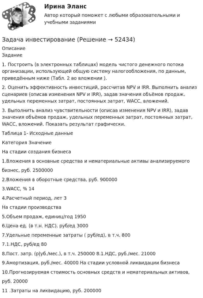      
            Описание
            	Задание  	1. Построить (в электронных таблицах) модель чистого денежного потока организации, использующей общую систему налогообложения, по данным, приведённым ниже (Табл. 2 во вложении ). 	2. Оценить эффективность инвестиций, рассчитав NPV и IRR. Выполнить анализ сценариев (описав изменения NPV и IRR), задав значения объёмов продаж, удельных переменных затрат, постоянных затрат, WACC, вложений. 	3. Выполнить анализ чувствительности (описав изменения NPV и IRR), задав значения объёмов продаж, удельных переменных затрат, постоянных затрат, WACC, вложений. Показать результат графически. 	Таблица 1- Исходные данные  Категория  Значение   На стадии создания бизнеса     1.Вложения в основные средства и нематериальные активы анализируемого бизнес, руб.  2500000   2.Вложения в оборотные средства, руб.  900000   3.WACC, %  14   4.Расчетный период, лет  3   На стадии производства     5.Объем продаж, единиц/год  1950   6.Цена ед. (в т.н. НДС), руб/ед  3000   7.Удельные переменные затраты ( руб/ед), в т.ч.  800   7.1.НДС, руб/ед  80   8.Пост. затр. (р|уб./мес.), в т.ч.  250000    8.1.НДС, руб./мес.  21000   9.Амортизация, руб./мес.  40000 На стадии условной ликвидации бизнеса    10.Прогнозируемая стоимость основных средств и нематериальных активов, руб.  20000   11 .Затраты на ликвидацию, руб.  200000   
            
            
            задача инвестированиеЗадача инвестированиеЗадача инвестированиеЗадача инвестированиеЗадача инвестированиеЗадача инвестированиеЗадача инвестированиеЗадача За 12 месяцев имеется информация о чистой прибыли предприятия: Номер месяца 1 2 3 4 5 6 7 8 9 10 11 12 Прибыль предприятия, млн. руб. 7,4 7,2 6,8 7,1 7,7 7,9 8,1 8,3 6,2 9,4 9,1 9,6. 2Задача За 12 месяцев имеется информация о чистой прибыли предприятия: Номер месяца 1 2 3 4 5 6 7 8 9 10 11 12 Прибыль предприятия, млн. руб. 7,4 7,2 6,8 7,1 7,7 7,9 8,1 8,3 6,2 9,4 9,1 9,6. 3Задача За 12 месяцев имеется информация о чистой прибыли предприятия: Прибыль предприятия, млн. руб. (1 Месяц) 7,4; (2 Месяц) 7,2;Задача Задание: определите себестоимость неисправимого брака по изделиям А и Б за отчетный месяц и отразите указанные операции на счетах бухгалтерского учета.Задача Закончив предварительное следствие по делу в отношении несовершеннолетней Воронцовой, следователь объявил об этом обвиняемой, ее защитнику и предъявил им для ознакомления материалы дела.Задача. Изменение численности рабочих организации за год характеризуется данными  Задача. Изучить производственную структуру основных производственных фондов экономического субъекта.