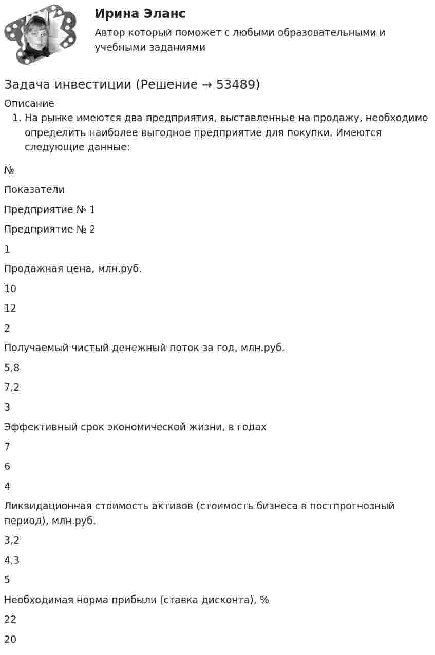      
            Описание
            На рынке имеются два предприятия, выставленные на продажу, необходимо определить наиболее выгодное предприятие для покупки. Имеются следующие данные:  № Показатели Предприятие № 1 Предприятие № 2   1 Продажная цена, млн.руб. 10 12   2 Получаемый чистый денежный поток за год, млн.руб. 5,8 7,2   3 Эффективный срок экономической жизни, в годах 7 6   4 Ликвидационная стоимость активов (стоимость бизнеса в постпрогнозный период), млн.руб. 3,2 4,3   5 Необходимая норма прибыли (ставка дисконта), % 22 20   
            
            
            Задача инвестицииЗадача инвестицииЗадача инвестицииЗадача инвестицииЗадача инвестицииЗадача инвестицииЗадача инвестицииЗадача инвестицииЗадача инвестицииЗадача инвестицииЗадача инвестицииЗадача инвестицииЗадача инвестицииЗадача инвестиции