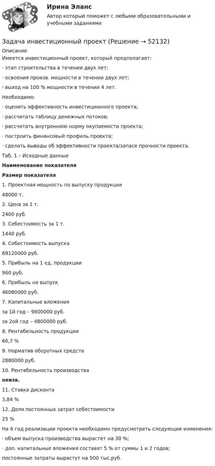      
            Описание
            Имеется инвестиционный проект, который предполагает: ·      этап строительства в течении двух лет; ·      освоения произв. мощности в течении двух лет;·      выход на 100 % мощности в течении 4 лет.Необходимо: ·      оценить эффективность инвестиционного проекта; ·      рассчитать таблицу денежных потоков; ·      рассчитать внутреннюю норму окупаемости проекта; ·      построить финансовый профиль проекта; ·      сделать выводы об эффективности проекта/запасе прочности проекта. Таб. 1 – Исходные данные Наименование показателя Размер показателя   1. Проектная мощность по выпуску продукции 48000 т.   2. Цена за 1 т. 2400 руб.   3. Себестоимость за 1 т. 1440 руб.   4. Себестоимость выпуска 69120000 руб.   5. Прибыль на 1 ед. продукции 960 руб.   6. Прибыль на выпуск 46080000 руб.   7. Капитальные вложения за 1й год – 9600000 руб.   за 2ой год – 4800000 руб.   8. Рентабельность продукции 66,7 %   9. Норматив оборотных средств 2880000 руб.   10. Рентабельность производства неизв.   11. Ставка дисконта 3,84 %   12. Доля постоянных затрат себестоимости 25 % На 6 год реализации проекта необходимо предусмотреть следующие изменения:·      объем выпуска производства вырастет на 30 %; ·      доп. капитальные вложения составят 5 % от суммы 1 и 2 годов; постоянные затраты вырастут на 500 тыс.руб.  
            
            
            Задача инвестицииЗадача инвестиционный проектЗадача инвест проектЗадача инвест проектЗадача инвестрированиеЗадача и решениеЗадача. Используя данные таблицы, произведите идентификацию кооперативной организации Таблица Основные экономические показатели деятельности кооператива за год № п/п Показатели Ед. изм. 1 2 3 4 1 Населения района чел. 26700 2 Численность обслуживаемого населения чел. 16200Задача инвестицииЗадача инвестицииЗадача инвестицииЗадача инвестицииЗадача инвестицииЗадача инвестицииЗадача инвестиции