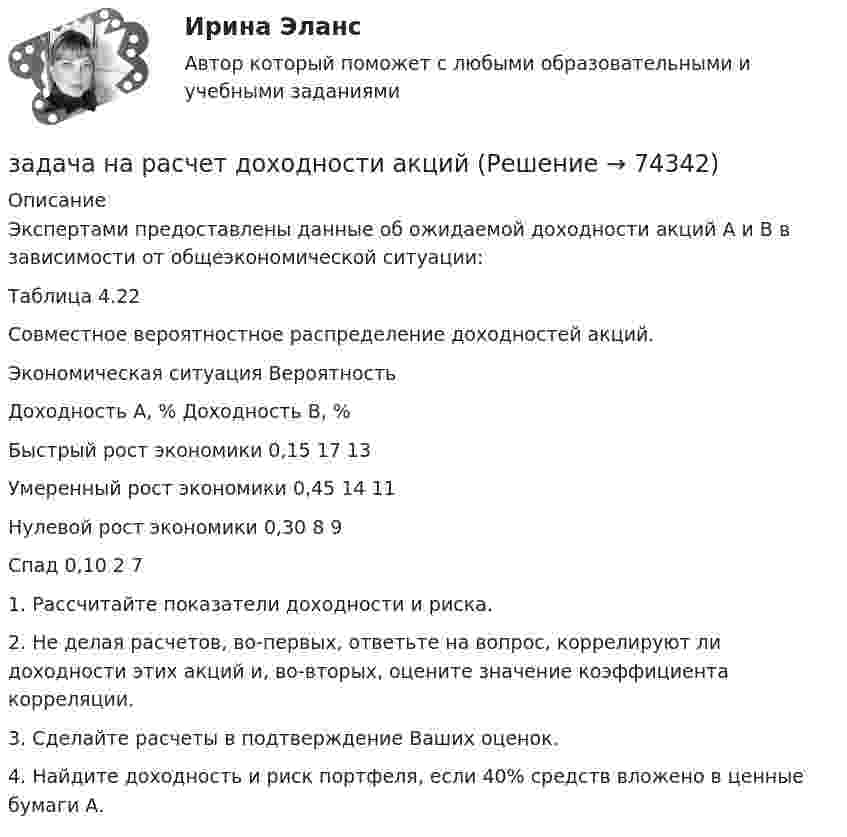     
            Описание
            	Экспертами предоставлены данные об ожидаемой доходности акций А и В в зависимости от общеэкономической ситуации:Таблица 4.22Совместное вероятностное распределение доходностей акций.  Экономическая ситуация Вероятность Доходность А, % Доходность В, %   Быстрый рост экономики 0,15 17 13   Умеренный рост экономики 0,45 14 11   Нулевой рост экономики 0,30 8 9   Спад 0,10 2 7  1.      Рассчитайте показатели доходности и риска.2.      Не делая расчетов, во-первых, ответьте на вопрос, коррелируют ли доходности этих акций и, во-вторых, оцените значение коэффициента корреляции.3.      Сделайте расчеты в подтверждение Ваших оценок.4.      Найдите доходность и риск портфеля, если 40% средств вложено в ценные бумаги А.   
            
            
            ЗАДАЧА НА РАСТЯЖЕНИЕ - СЖАТИЕзадача на расчет доходности акцийзадача на расчет издержекзадача на расчет прибылизадача на расчет ЧДДЗадача на составление генерального бюджета. Без замечаний принята.  В ексель.Задача на тему Короткие замыкания в системах электроснабженияЗадача на определение средневзвешенной цены капиталаЗадача на определение ценызадача на оптимальный объемзадача на оптимальный размер заказаЗадача на паскаль. Игра в 21задача на построение бюджетной линииЗадача. На предприятии за отчетный период было реализовано 2000 штук продукции по цене 6000 рублей, себестоимость единицы составила 5000 рублей. В плановом периоде преду