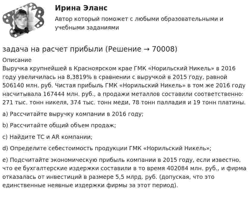      
            Описание
            	Выручка крупнейшей в Красноярском крае ГМК «Норильский Никель» в 2016 году увеличилась на 8,3819% в сравнении с выручкой в 2015 году, равной 506140 млн. руб. Чистая прибыль ГМК «Норильский Никель» в том же 2016 году насчитывала 167444 млн. руб., а продажи металлов составили соответственно: 271 тыс. тонн никеля, 374 тыс. тонн меди, 78 тонн палладия и 19 тонн платины.a)    Рассчитайте выручку компании в 2016 году;b)   Рассчитайте общий объем продаж;c)    Найдите ТС и AR компании;d)   Определите себестоимость продукции ГМК «Норильский Никель»;e)    Подсчитайте экономическую прибыль компании в 2015 году, если известно, что ее бухгалтерские издержки составили в то время 402084 млн. руб., и фирма отказалась от инвестиций в размере 5,5 млрд. руб. (допуская, что это единственные неявные издержки фирмы за этот период).    
            
            
            задача на расчет издержекзадача на расчет прибылизадача на расчет ЧДДЗадача на составление генерального бюджета. Без замечаний принята.  В ексель.Задача на тему Короткие замыкания в системах электроснабженияЗадача на точку безубыточностиЗадача на условиязадача на оптимальный объемзадача на оптимальный размер заказаЗадача на паскаль. Игра в 21задача на построение бюджетной линииЗадача. На предприятии за отчетный период было реализовано 2000 штук продукции по цене 6000 рублей, себестоимость единицы составила 5000 рублей. В плановом периоде предуЗадача на растяжение-сжатиеЗАДАЧА НА РАСТЯЖЕНИЕ - СЖАТИЕ
