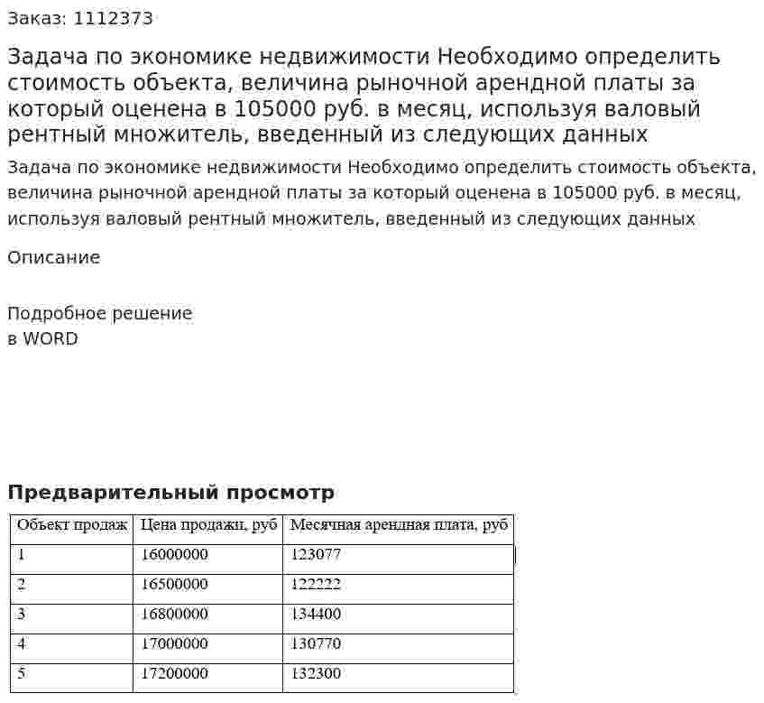 Задача по экономике недвижимости		Необходимо определить стоимость объекта, величина рыночной арендной платы за который оценена  в 105000 руб. в месяц, используя валовый рентный множитель, введенный из следующих данных 