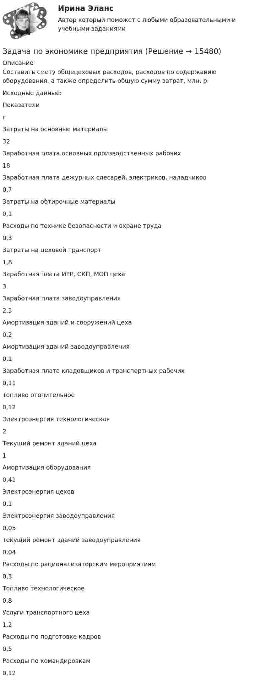      
          Описание
          Составить смету общецеховых расходов, расходов по содержанию оборудования, а также определить общую сумму затрат, млн. р. Исходные данные:  Показатели г   Затраты на основные материалы 32   Заработная плата основных производственных рабочих 18   Заработная плата дежурных слесарей, электриков, наладчиков 0,7   Затраты на обтирочные материалы 0,1   Расходы по технике безопасности и охране труда 0,3   Затраты на цеховой транспорт 1,8   Заработная плата ИТР, СКП, МОП цеха 3   Заработная плата заводоуправления 2,3   Амортизация зданий и сооружений цеха 0,2   Амортизация зданий заводоуправления 0,1   Заработная плата кладовщиков и транспортных рабочих 0,11   Топливо отопительное 0,12   Электроэнергия технологическая 2   Текущий ремонт зданий цеха 1   Амортизация оборудования 0,41   Электроэнергия цехов 0,1   Электроэнергия заводоуправления 0,05   Текущий ремонт зданий заводоуправления 0,04   Расходы по рационализаторским мероприятиям 0,3   Топливо технологическое 0,8   Услуги транспортного цеха 1,2   Расходы по подготовке кадров 0,5   Расходы по командировкам 0,12   
            
            
            Задача по экономике предприятияЗадача по экономике предприятияЗадача по экономике предприятияЗадача по экономике предприятияЗадача по экономике предприятияЗадача по экономике предприятияЗадача по экономике предприятияЗадача по экономике. Остатки оборотных средств на начало года составили 530 тыс.руб., на начало каждого месяца года – 550, 600, 580, 540, 570, 590, 615, 605, 610, 612, на начало следующего года – 624 тыс.руб. Задача по экономике. Предприятию для его производственной деятельности ежеквартально требуется закупать 1000 редукторов. Их цена − 1500 руб. Размещение заказа на редукторы обходится предприятию в 1200 рублейЗадача по экономике предприятияЗадача по экономике предприятияЗадача по экономике предприятияЗадача по экономике предприятияЗадача по экономике предприятия