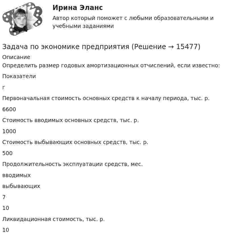      
          Описание
          Определить размер годовых амортизационных отчислений, если известно:  Показатели г   Первоначальная стоимость основных средств к началу периода, тыс. р. 6600   Стоимость вводимых основных средств, тыс. р. 1000   Стоимость выбывающих основных средств, тыс. р. 500   Продолжительность эксплуатации средств, мес.вводимыхвыбывающих  710   Ликвидационная стоимость, тыс. р. 10   
            
            
            Задача по экономике предприятияЗадача по экономике предприятияЗадача по экономике. Проанализировать выполнение плана издержек обращения по магазину за квартал и сделать выводы.  В процессе определить:  Фактический уровень издержек обращения Задача по экономике. Рассчитать такт поточной сборки узла прибора, скорость движения конвейера и количество рабочих мест при следующих исходных данныхЗадача по Экономической СтатистикеЗадача по Экономической СтатистикеЗадача по Экономической Статистике - вариант 35Задача по экономике предприятияЗадача по экономике предприятияЗадача по экономике предприятияЗадача по экономике предприятияЗадача по экономике предприятияЗадача по экономике предприятияЗадача по экономике предприятия