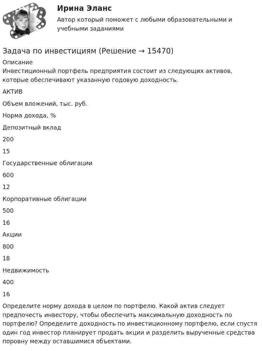      
          Описание
          Инвестиционный портфель предприятия состоит из следующих активов, которые обеспечивают указанную годовую доходность.  АКТИВ Объем вложений, тыс. руб. Норма дохода, %   Депозитный вклад 200 15   Государственные облигации 600 12   Корпоративные облигации 500 16   Акции 800 18   Недвижимость 400 16  	Определите норму дохода в целом по портфелю. Какой актив следует предпочесть инвестору, чтобы обеспечить максимальную доходность по портфелю? Определите доходность по инвестиционному портфелю, если спустя один год инвестор планирует продать акции и разделить вырученные средства поровну между оставшимися объектами.  
            
            
            Задача по инвестициямЗадача по инвестициямЗадача по Информационным технологиямзадача ПО ИСТОРИИЗадача по кадрам и производительности трудаЗадача по кадрам и производительности трудаЗадача по кадрам и производительности трудаЗадача по инвестиционному анализу2Задача по инвестиционному анализу 4Задача по инвестиционному анализу 5Задача по инвестициямЗадача по инвестициямЗадача по инвестициямЗадача по инвестициям