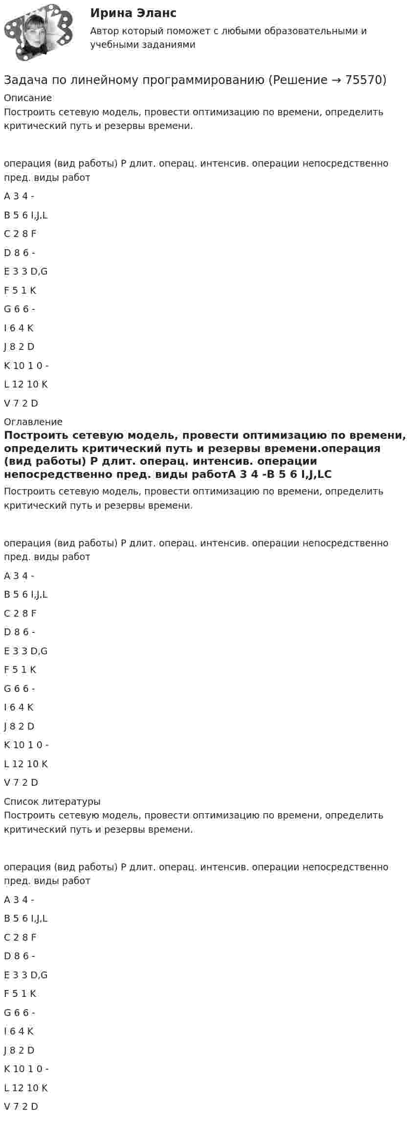     
            Описание
            Построить сетевую модель, провести оптимизацию по времени,  определить критический путь и резервы времени.операция (вид работы) P           длит. операц.      интенсив. операции     непосредственно пред. виды работA                                                                    3                                     4                                                        -B                                                                     5                                     6                                                      I,J,LC                                                                     2                                      8                                                        FD  																	8 									6 														  -E  																	3 										3  													   D,GF 																		  5 									1															 KG  																	6										 6															-I  																	   6 										 4  														 KJ   																	8 									 2															 D  K     																  10 1								       0  													    -L    																   12 							          10													        KV   															    	7								             2  												         D 
            Оглавление
            Построить сетевую модель, провести оптимизацию по времени,  определить критический путь и резервы времени.операция (вид работы) P           длит. операц.      интенсив. операции     непосредственно пред. виды работA                                                                    3                                     4                                                        -B                                                                     5                                     6                                                      I,J,LC                                                                     2                                      8                                                        FD  																	8 									6 														  -E  																	3 										3  													   D,GF 																		  5 									1															 KG  																	6										 6															-I  																	   6 										 4  														 KJ   																	8 									 2															 D  K     																  10 1								       0  													    -L    																   12 							          10													        KV   															    	7								             2  												         D 
            Список литературы
            Построить сетевую модель, провести оптимизацию по времени,  определить критический путь и резервы времени.операция (вид работы) P           длит. операц.      интенсив. операции     непосредственно пред. виды работA                                                                    3                                     4                                                        -B                                                                     5                                     6                                                      I,J,LC                                                                     2                                      8                                                        FD  																	8 									6 														  -E  																	3 										3  													   D,GF 																		  5 									1															 KG  																	6										 6															-I  																	   6 										 4  														 KJ   																	8 									 2															 D  K     																  10 1								       0  													    -L    																   12 							          10													        KV   															    	7								             2  												         D 
            
            
            Задача по лизингуЗадача по линейному программированиюЗадача по линейному программированию Задача по Линейному программированию Задача по логикеЗадача по логистикеЗадача по макроэкономикеЗадача по криминалистикеЗадача по криминалистикеЗадача по криминалистикеЗадача по криминалистикеЗадача по КриминалистикеЗадача по криминалистике - выдвинуть общие и частные версиизадача по криминалистике - расследование разбоя (3 этапа)