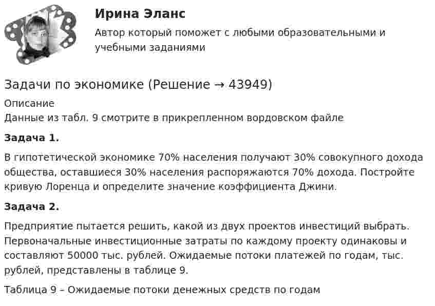     
            Описание
            Данные из табл. 9 смотрите в прикрепленном вордовском файлеЗадача 1.В гипотетической экономике 70% населения получают 30% совокупного дохода общества, оставшиеся 30% населения распоряжаются 70% дохода. Постройте кривую Лоренца и определите значение коэффициента Джини. Задача 2.Предприятие пытается решить, какой из двух проектов инвестиций выбрать. Первоначальные инвестиционные затраты по каждому проекту одинаковы и составляют 50000 тыс. рублей. Ожидаемые потоки платежей по годам, тыс. рублей, представлены в таблице 9.Таблица 9 – Ожидаемые потоки денежных средств по годам  
            
            
            Задачи по экономикеЗадачи по экономикеЗадачи по экономике. ЗАДАЧИ ПО ЭКОНОМИКЕзадачи по экономике-2задачи по экономике-3Задачи по экономике. 	В марте 2018 г. на предприятии «А» было организовано производство детской игрушки. Первая партия продукции в количестве 100 шт. была изготовлена за половину рабочей смены, которая составляет 8 часов. задачи по экономикезадачи по экономикезадачи по экономикезадачи по экономикезадачи по экономикеЗадачи по экономикеЗадачи по экономике