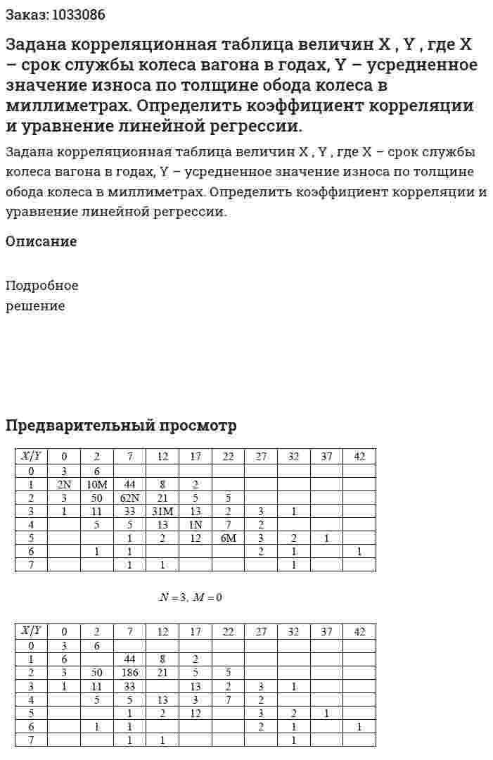 Задана корреляционная таблица величин X , Y , где X – срок службы колеса вагона в годах, Y – усредненное значение износа по толщине обода колеса в миллиметрах. Определить коэффициент корреляции и уравнение линейной регрессии. 
