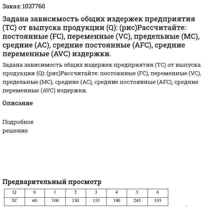 Задана зависимость общих издержек предприятия (TC) от выпуска продукции (Q): (рис)Рассчитайте: постоянные (FC), переменные (VC), предельные (МС), средние (АС), средние постоянные (AFC), средние переменные (AVC) издержки.  