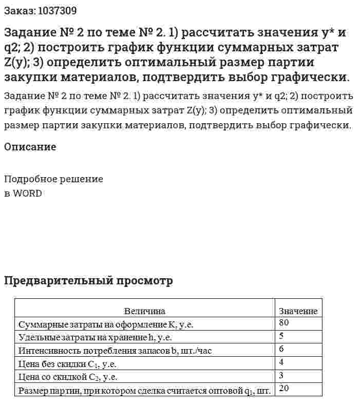 Задание № 2 по теме № 2.  1) рассчитать значения у* и q2; 2) построить график функции суммарных затрат Z(y); 3) определить оптимальный размер партии закупки материалов, подтвердить выбор графически. 