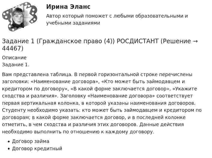     
            Описание
            Задание 1. Вам представлена таблица. В первой горизонтальной строке перечислены заголовки: «Наименование договора», «Кто может быть займодавцем и кредитором по договору», «В какой форме заключается договор», «Укажите сходства и различия». Заголовку «Наименование договора» соответствует первая вертикальная колонка, в которой указаны наименования договоров. Студенту необходимо указать: кто может быть займодавцем и кредитором по договорам; в какой форме заключается договор, и в последней колонке отметить, в чем сходства и различия этих договоров. Данные действия необходимо выполнить по отношению к каждому договору.Договор займаДоговор кредитный  
            
            
            Задание 1, Гражданское право 2Задание 1 (Гражданское право (4)) РОСДИСТАНТ)Задание 1 Графическим методом найти максимум и минимум функции на множестве, задаваемом системой ограничений: F = 3x1+2x2-16 2x1-x2-1>=0 x1-2x2+4>=0 x1-2x2-3<=0Задание 1. Густота транспортной системы РФ По формуле густоты транспортной системы рассчитать общую и по отдельным видам густоту транспортных путей сообщения страны. Сделать вывод об обеспеченности РФ транспортной сетью.Задание 1. Густота транспортной системы РФ По формуле густоты транспортной системы рассчитать общую и по отдельным видам густоту транспортных путей сообщения страны. Сделать вывод об обеспеченности РФ транспортной сетью.. 2Задание: 1.	Дайте определения: бюджету, межбюджетным трансфертам, доходам бюджета . 2.	Рассчитайте процент исполнения региональных бюджетов Сибирского федерального округа (разделив гр.3 на гр.2 и умножив на 100) и заполните графу Задание 1. Дайте определения понятиям «оформление документа», «резолюция», «документопоток» в соответствии с ГОСТ Р 7.0.8-2013 «Делопроизводство и архивное дело. Термины и определения».Задание 1. Выполните прогноз банкротства Акмолинского райпо на основе следующих данных, используя двухфакторную модель Z-счета. Сделайте мотивированное профессиональное суждение о вероятности банкротства этой организации. Таблица 1 Показатели Акмолинского райпо, млн. руб. Показатели На начало года На конец годаЗадание 1 Вы секретарь в Администрации города. Вам дано задание подготовить ПОСТАНОВЛЕНИЕ Администрации города следующего содержания: в целях оптимизации маршрутной сети городского пассажирского транспорта и в соответствии с Федеральным законом от 13.07.2015 № 220-ФЗЗадание 1. Вычислите значение выражения 9E16 – 9416. В ответе запишите вычисленное значение в десятичной системе счисления. Для выполнения задания 1 необходимо использовать следующие данные: В двоичной системе:Задание 1. Вы являетесь конкурсантом ежегодного внутреннего конкурса «Педагог-профессионал» начального звена и в номинации «Скорая помощь» оказались самым сильным участником, для звания «абсолютного победителя» необходимо продемонстрировать ваши знания, умения и навыки по предупреждению развития заболеваний ребенка.Задание 1. Вы являетесь работником бухгалтерии ЗАО «Колледжторг». Вам необходимо для перечисления в налоговые органы и государственные внебюджетные фонды произвести расчет суммы по НДФЛ, подлежащей уплате в бюджет за отчетный период, и суммы страховых взносов в ФОМС, ПФР, ФСС.Задание 1. Годовая потребность составляет 6000 единиц товара, цена одной единицы товара 150 рублей. На содержание товара на складе затрачивается 20% его стоимости в год. Стоимость доставки 750 рублей. Найти оптимальный размер заказа, минимизирующий издержки на транспортировку и содержание товара на складе. Определите периодичность поставки партии заказа.Задание 1. Годовая потребность составляет 6000 единиц товара, цена одной единицы товара 150 рублей. На содержание товара на складе затрачивается 20% его стоимости в год. Стоимость доставки 750 рублей. Найти оптимальный размер заказа, минимизирующий издержки на транспортировку и содержание товара на складе. Определите периодичность поставки партии заказа.. 2