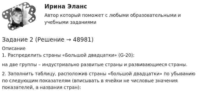     
            Описание
            1. Распределить страны «Большой двадцатки» (G-20):на две группы – индустриально развитые страны и развивающиеся страны.	2. Заполнить таблицу, расположив страны «большой двадцатки» по убыванию по следующим показателям (вписывать в ячейки не числовые значения показателей, а названия стран):  
            
            
            Задание 2 Задание 2 Задание 2 1. Изобразите на плоскости ограничения задачи линейного программирования и решите (графически) эту задачу: 400W1 + 450W2  min 5W1 + 10W2 ≥ 45 20W1 + 15W2 ≥ 80 W1 ≥ 0, W2 ≥ 0 2. Решите задачу линейного программирования:Задание 2.1. Изучив ст.ст.28 – 382 БК РФ, определите правомерность следующих действий: а) соглашением между министерством финансов РФ и администрацией Кемеровской области был определен особый порядок предоставления межбюджетных трансфертов из федерального бюджета бюджету Кемеровской области.Задание 2.1. Изучив ст.ст.28 – 382 БК РФ, определите правомерность следующих действий: а) соглашением между министерством финансов РФ и администрацией Кемеровской области был определен особый порядок предоставления межбюджетных трансфертов из федерального бюджета бюджету Кемеровской области;Задание 2 1.К теме наследственное право: назовите особенности наследования отдельных видов имущества; 2. Задача: Лечащий врач санатория, в котором Горбенко проходил лечение, удостоверил его завещание о передаче в случае смерти принадлежащего ему дома его сожительнице Уткиной. Завещание было удостоверено в присутствии свидетелей,Задание 2 1.К теме наследственное право: назовите особенности наследования отдельных видов имущества; 2. Задача: Лечащий врач санатория, в котором Горбенко проходил лечение, удостоверил его завещание о передаче в случае смерти принадлежащего ему дома его сожительнице Уткиной. Завещание было удостоверено в присутствии свидетелей, подписи и сведения о которых были указаны прямо в тексте завещания. Дочь Горбенко, узнав о содержании завещания после смерти отца, наступившей в июне 2010г., обратилась в суд с иском о признании завещания не действительным и о признании ее единственной наследницей умершего. Подлежит ли иск удовлетворению?Задание 1 Цель задания: систематизировать теоретические знания в облас­ти различных направлений менеджмента. Содержание задания: заполните следующую таблицу, изложив в ней различные школы и направления в менеджменте в хронологи­ческой последовательности: Задание 2Задание 1 Цены в январе на товары и услуги потребительского рынка выросли на 5% совокупно, при этом фактический объем товаров и услуг сократился на 6,3%, как изменился оборот торговли этими товарами на потребительском рынке?Задание 1 Цены в январе на товары и услуги потребительского рынка сократились на 4% совокупно, при этом фактический объем товаров и услуг сократился на 2,3%, как изменился оборот торговли этими товарами на потребительском рынке?Задание 1. Чем автономные инвестиции отличаются от индуцированных инвестиций? Приведите примеры тех и других. Задание 2. Домашние хозяйства потребляют 75% располагаемого дохода. Спрос предпринимателей на инвестиции отображается функцией I = 400 – 4*r , гдеЗадание 1. Что относится к качественным и количественным показателям в экономическом анализе? Приведите примеры. Задание 2. Определите рентабельность капитала за 2017 год, по данным представленным в таблице (с помощью коэффициентного метода).Задание 1 Что такое единица экономической информации? Задание 2 По данным таблицы определите общую величину себестоимости и структуру себестоимости продукции, сделайте соответствующие выводы.Задание 1. Что такое сложное суждение? Какие виды сложных суждений вы знаете? Как устанавливается истинность или ложность сложных суждений? Задание 2. Укажите, какие пары понятий представляют собой отношение: