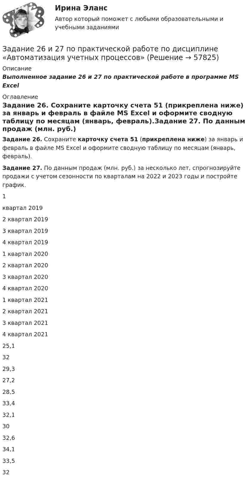     
            Описание
            Выполненное задание 26 и 27 по практической работе в программе MS Excel 
            Оглавление
            Задание 26. Сохраните карточку счета 51 (прикреплена ниже) за январь и февраль в файле MS Excel и оформите сводную таблицу по месяцам (январь, февраль).Задание 27. По данным продаж (млн. руб.) за несколько лет, спрогнозируйте продажи с учетом сезонности по кварталам на 2022 и 2023 годы и постройте график.   1 квартал 2019 2 квартал 2019 3 квартал 2019 4 квартал 2019 1 квартал 2020 2 квартал 2020 3 квартал 2020 4 квартал 2020 1 квартал 2021 2 квартал 2021 3 квартал 2021 4 квартал 2021   25,1 32 29,3 27,2 28,5 33,4 32,1 30 32,6 34,1 33,5 32  
            
            
            Задание 25. Найти общее решение дифференциальных уравнений: а) xy` = x + 1/2 y; б) (x – y) ydx – x2dy = 0; в) y``– 3y` = 0. Задание 49. Вычислить двойные интегралы по областям, ограниченным указанными линиями.Задание 26 и 27 по практической работе по дисциплине «Автоматизация учетных процессов»Задание 2 Read the text TYPES OF BUSINESS ENTITY A sole trader is exactly what it sounds- one person managing their own business.Задание 2, Административное право 2Задание 2. Ваш доход составляет 100 тыс. рублей и, к счастью, будет ежегодно расти на 3% в реальном выражении вплоть до вашей смерти через 40 лет. Если вы планируете оставить наследство в размере 1 млн. рублей и будущее имеет для вас ту же ценность, что и настоящее (норма дисконта единица), тоЗадание 2. Внемагазинные формы продажи товаров Вариант 3. Дайте характеристику организации торговли по каталогам: названия фирм и основные виды реализуемых ими товаров, процесс обслуживания покупателей, проблемы качества товаров и возможность обмена.Задание 2 В условную интеграционную группировку входят 28 стран. При этом у 6 стран превышены пороговые значения экономической безопасности по уровням внешнего долга и дефицита бюджета, еще у 8 стран эти индикаторы находятся практически на грани пороговых значений. Является ли, по Вашему мнению, такое положение угрозой экономической безопасности всей интеграционной группировки и какие меры Вы можете предложить для исправления ситуации? Задание 3Задание 2 1.К теме наследственное право: назовите особенности наследования отдельных видов имущества; 2. Задача: Лечащий врач санатория, в котором Горбенко проходил лечение, удостоверил его завещание о передаче в случае смерти принадлежащего ему дома его сожительнице Уткиной. Завещание было удостоверено в присутствии свидетелей,Задание 2 1.К теме наследственное право: назовите особенности наследования отдельных видов имущества; 2. Задача: Лечащий врач санатория, в котором Горбенко проходил лечение, удостоверил его завещание о передаче в случае смерти принадлежащего ему дома его сожительнице Уткиной. Завещание было удостоверено в присутствии свидетелей, подписи и сведения о которых были указаны прямо в тексте завещания. Дочь Горбенко, узнав о содержании завещания после смерти отца, наступившей в июне 2010г., обратилась в суд с иском о признании завещания не действительным и о признании ее единственной наследницей умершего. Подлежит ли иск удовлетворению?Задание 2.1. На российском рынке конкурируют четыре крупных оператора сотовой связи: «МТС», «Билайн», «Теле 2», «Мегафон» Их доли соответственно 0,32; 0,28; 0,25; 0,15.Задание 2.1. На российском рынке конкурируют четыре крупных оператора сотовой связи: «МТС», «Билайн», «Теле 2», «Мегафон» Их доли соответственно 0, 32; 0,28; 0,25; 0,15. Определите состояние конкуренции с помощью CR3, CR4, индекса Херфиндаля-Хиршмана. Сделайте вывод об интенсивности конкуренции.Задание 2 1. Перепишите и переведите предложения с местоимением man. Помните, что само местоимение man не переводится.Задание 2.1. Приведите примеры эмоционального и рационального способов поведения на одинаковые ситуации в организации. Предложите меры/способы воздействия для формирования правильного поведения. Заполните таблицу.Задание 2  1 Рассмотрите вопрос «Неравенство, показатели распределения  доходов»