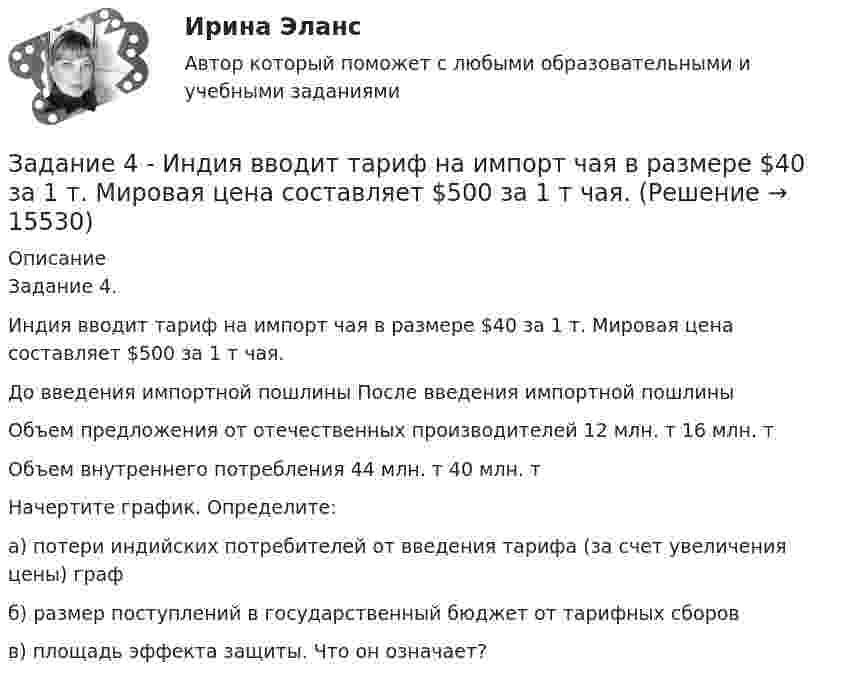      
          Описание
          Задание 4.Индия вводит тариф на импорт чая в размере $40 за 1 т. Мировая цена составляет $500 за 1 т чая.  До введения импортной пошлины После введения импортной пошлины   Объем предложения от отечественных производителей 12 млн. т 16 млн. т   Объем внутреннего потребления 44 млн. т 40 млн. т   Начертите график. Определите:а) потери индийских потребителей от введения тарифа (за счет увеличения цены) граф  б) размер поступлений в государственный бюджет от тарифных сборовв) площадь эффекта защиты. Что он означает?  
            
            
            Задание 4. Живописное (нюансное) решение простого натюрморта состоящего из 4–5 бытовых предметов и 3–4 драпировок составленного в сближенных холодных цветах. Б., гуашь, формат А2.Задание 4 - Индия вводит тариф на импорт чая в размере $40 за 1 т. Мировая цена составляет $500 за 1 т чая.Задание 4, Конституционное право 2Задание 4 к предмету Анализ и аудит ВЭДЗадание 4, Наследственное правоЗАДАНИЕ 4 Несинусоидальные и нелинейные электрические цепи Задача 4.1. На рис. 4.1 – 4.10 изображены схемы трехфазных цепей. Каждая из них образована трехфазным генератором, который дает трехфазную несинусоидальную систему эдс, и равномерной нагрузкой. Значения амплитуды эдс фазы А генератора, периода Т и параметров R, L и C даны в табл. 4.1. Требуется:Задание 4, НотариатЗадание 4, Административное право 2Задание 4. Анализ вербального поведения героя. Выберите кинофильм, в котором присутствуют сцены, содержащие деловое общение. Фрагмент должен быть не менее 3 минут, в нем должно присутствовать непосредственное диалогическое общение. Затем затранскрибируйте (письменно передайте) содержание реплик персонажей. Проведите:Задание 4 (Вариант 1) Имеются следующие показатели результатов экономической деятельности страны за отчетный год (в фактически действующих ценах, млрд. руб.):Задание 4 (вариант 2) Трехмесячные государственные ценные бумаги реализуются на первичном рынке с дисконтом 2%. Инвестор (юридическое лицо) может вкладывать денежные средства, постоянно покупая в течении года государственные ценные бумаги, или приобрести корпоративные облигации сЗадание 4. Видеоурок Student Life in OxfordЗадание 4. В литературе по управлению выделены главные характеристики внутренней и внешней среды малых предприятий, которые в значительной мере предопределяют его особенности как объекта управления. Некоторые из них названы в таблице. Заполните таблицу, подчеркнув из приведенных характеристик те, которые относятся к малым предприятиям.Задание 4, Гражданское право 2