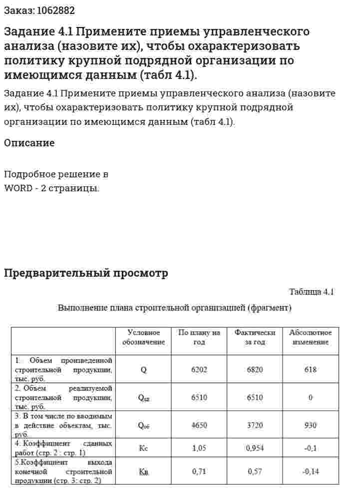 Задание 4.1 Примените приемы управленческого анализа (назовите их), чтобы охарактеризовать политику крупной подрядной организации по имеющимся данным (табл 4.1). 