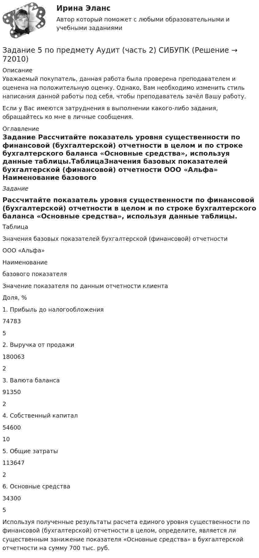      
            Описание
            Уважаемый покупатель, данная работа была проверена преподавателем и оценена на положительную оценку. Однако, Вам необходимо изменить стиль написания данной работы под себя, чтобы преподаватель зачёл Вашу работу. Если у Вас имеются затруднения в выполнении какого-либо задания, обращайтесь ко мне в личные сообщения. 
            Оглавление
            Задание 	Рассчитайте показатель уровня существенности по финансовой (бухгалтерской) отчетности в целом и по строке бухгалтерского баланса «Основные средства», используя данные таблицы.ТаблицаЗначения базовых показателей бухгалтерской (финансовой) отчетности ООО «Альфа»  Наименование базового показателя Значение показателя по данным отчетности клиента Доля, %   1. Прибыль до налогообложения 74783 5   2. Выручка от продажи 180063 2   3. Валюта баланса 91350 2   4. Собственный капитал 54600 10   5. Общие затраты 113647 2   6. Основные средства 34300 5 	Используя полученные результаты расчета единого уровня существенности по финансовой (бухгалтерской) отчетности в целом, определите, является ли существенным занижение показателя «Основные средства» в бухгалтерской отчетности на сумму 700 тыс. руб.  
            
            
            Задание 5 по Высшей математике 3 Вариант 7 РосдистантЗадание 5 по предмету Аудит (часть 2) СИБУПКЗадание 5, Росдистант, Сопротивление материалов 2 (Вариант 463)Задание 5, Трудовые спорыЗадание 5 - ЭССЕ «Наследование по закону и завещанию» (Гражданское право 4) РосдистантЗадание 6. WritingЗадание 6 (Гражданское право 4) РОСДИСТАНТЗадание 5.1 Определение водопритока в вертикальный ствол шахтыЗадание 5.2. Определение водопритока в дренажный штрекЗадание 5.3 Определение притока воды к выработке.Задание 5. Writing. Perfect Tenses ТПУЗАДАНИЕ 5  А. Определите, к какому классу относятся соединения, назовите их. Укажите степени окисления.  N2O, HCl, NaH2PO4, Cr(OH)3  Б. Напишите эмпирические формулы соединений.  Гидрокарбонат натрия, сульфат кальция, фосфат барияЗадание 5. Живописное (нюансное) решение простого натюрморта состоящего из 4–5 бытовых предметов и 3–4 драпировок составленного в сближенных теплых цветах. Гуашь, формат А2. Содержание задания Живописное (нюансное) решение простого натюрмЗадание 5 к предмету Анализ и аудит ВЭД