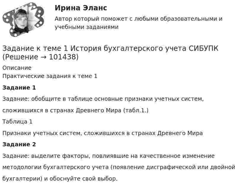      
            Описание
            Практические задания к теме 1Задание 1Задание: обобщите в таблице основные признаки учетных систем,сложившихся в странах Древнего Мира (табл.1.)Таблица 1Признаки учетных систем, сложившихся в странах Древнего МираЗадание 2Задание: выделите факторы, повлиявшие на качественное изменениеметодологии бухгалтерского учета (появление дисграфической или двойнойбухгалтерии) и обоснуйте свой выбор.   
            
            
            Задание к теме 1. Деловое общениеЗадание к теме 1 История бухгалтерского учета СИБУПКЗадание к теме 1 Какие из нижеперечисленных источников содержат нормы международного публичного права, перечислите и обоснуйте свой ответ: 1. договор между Мексикой и США об установлении границы;Задание к теме 1 На основе положений Трудового кодекса РФ определите, какие формы заботы о здоровье персонала работодатель обязан осуществлять, независимо от содержания коллективного договора и трудовых договоров работников.Задание к теме 1. Руководствуясь нормами §1 главы 30 ГК РФ, определите виды сроков, применяемых при купле-продаже, и укажите их юридическое значение.Задание к теме 1. Сгруппируйте объекты учета ООО «Звезда» по составу и источникам образования на 31.12.2020г (табл.1) Таблица 1 Наименование имущества, обязательств и капитала Сумма, тыс. руб.Задание к теме 1. Сгруппируйте объекты учета ООО «Звезда» по составу и источникам образования на 31.12.__ (табл.1) Таблица 1 Наименование имущества, обязательств и капитала Сумма, тыс. руб.Задание к теме 11. Проанализируйте нормы ФЗ «О системе государственной службы РФ», ФЗ «О государственной гражданской службы РФ» и Трудового кодекса РФ. Заполните сравнительную таблицу.Задание к теме 11. Проанализируйте нормы ФЗ «О системе государственной службы РФ», ФЗ «О государственной гражданской службы РФ» и Трудового кодекса РФ. Заполните сравнительную таблицу.. 2Задание к теме 11. Проанализируйте нормы ФЗ «О системе государственной службы РФ», ФЗ «О государственной гражданской службы РФ» и Трудового кодекса РФ. Заполните сравнительную таблицу.. 3Задание к теме 12Задание к теме 12 Рекламная деятельность в коммерческой сфереЗадание к теме 15  Доказательства и доказывание. Часть 1 Задание к теме 16  Доказательства и доказывание. Часть 2Задание к теме 16. Отграничьте договор подряда от трудового договора и договора возмездного оказания услуг. Полученные результаты оформите в виде таблицы. Критерии для сравнения выберите самостоятельно. Критерии сравнения: Договор подряда Трудовой договор Договор возмездного оказания услуг 1 Стороны договора