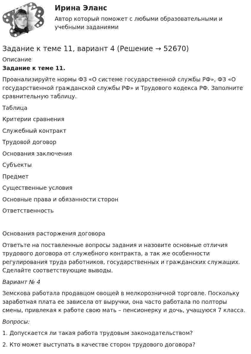      
            Описание
             Задание к теме 11.  	Проанализируйте нормы ФЗ «О системе государственной службы РФ», ФЗ «О государственной гражданской службы РФ» и Трудового кодекса РФ. Заполните сравнительную таблицу.	Таблица   Критерии сравнения Служебный контракт Трудовой договор   Основания заключения    Субъекты    Предмет    Существенные условия    Основные права и обязанности сторон    Ответственность   Основания расторжения договора 	Ответьте на поставленные вопросы задания и назовите основные отличия трудового договора от служебного контракта, а так же особенности регулирования труда работников, государственных и гражданских служащих. Сделайте соответствующие выводы.   Вариант № 4	Земскова работала продавцом овощей в мелкорозничной торговле. Поскольку заработная плата ее зависела от выручки, она часто работала по полторы смены, привлекая к работе свою мать – пенсионерку и дочь, учащуюся 7 класса. Вопросы:	1. Допускается ли такая работа трудовым законодательством?	2. Кто может выступать в качестве сторон трудового договора?  
            
            
            Задание к теме 11Задание к теме 11, вариант 4Задание к теме 1 1.Заполните таблицу, исходя из трактовок Св. Августина и Ф. Аквинского: Наименование трактовок Трактовки хозяйственных явлений и экономических категорий Ранние канонисты – Святой АвгустинЗадание к теме 11. Проанализируйте нормы ФЗ «О системе государственной службы РФ», ФЗ «О государственной гражданской службы РФ»Задание к теме 11. Проанализируйте нормы ФЗ «О системе государственной службы РФ», ФЗ «О государственной гражданской службы РФ» и Трудового кодекса РФ. Заполните сравнительную таблицу. Таблица и Трудового кодекса РФ. Заполните сравнительную таблицу. ТаблицаЗадание к теме 11 Проанализируйте нормы ФЗ «О системе государственной службы РФ», ФЗ «О государственной гражданской службы РФ» и Трудового кодекса РФ. Заполните сравнительную таблицу.Задание к теме 11. Проанализируйте нормы ФЗ «О системе государственной службы РФ», ФЗ «О государственной гражданской службы РФ» и Трудового кодекса РФ. Заполните сравнительную таблицу.Задание к теме 11. Проанализируйте нормы ФЗ «О системе государственной службы РФ», ФЗ «О государственной гражданской службы РФ» и Трудового кодекса РФ. Заполните сравнительную таблицу.. 2Задание к семинару по дисциплине МЕТОДЫ ОПТИМАЛЬНЫХ РЕШЕНИЙЗадание к семинару по международной торговлеЗадание к теме 1Задание к теме 10Задание к теме 10 В судебное заседание о расторжении брака Киселевы представили на утверждение мирового судьи следующее соглашение:Задание к теме 10 В ходе проверки соблюдения законности в исправительной колонии прокурором выявлены факты регулярного использования некачественных продуктов в столовой колонииЗадание к теме 10 Разрешите ситуацию: В судебное заседание о расторжении брака Киселевы представили на утверждение мирового судьи следующее соглашение
