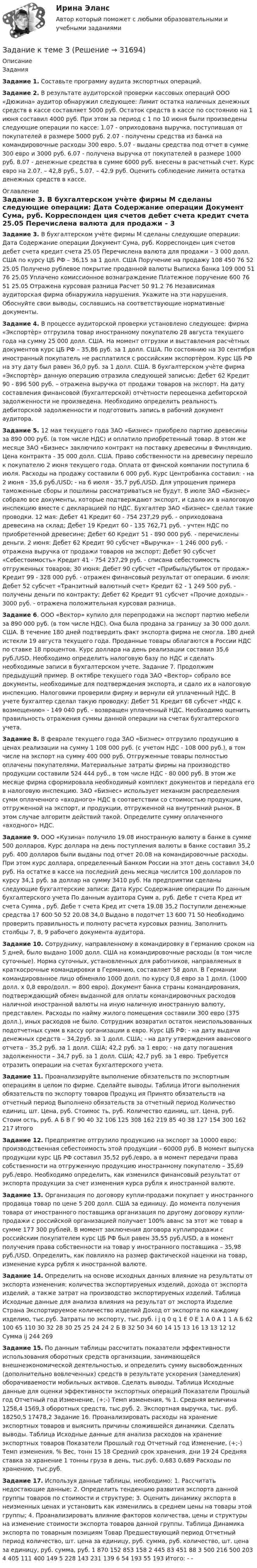     
          Описание
          Задания Задание 1. Составьте программу аудита экспортных операций. Задание 2. В результате аудиторской проверки кассовых операций ООО «Дюжина» аудитор обнаружил следующее: Лимит остатка наличных денежных средств в кассе составляет 5000 руб. Остаток средств в кассе по состоянию на 1 июня составил 4000 руб. При этом за период с 1 по 10 июня были произведены следующие операции по кассе: 1.07 - оприходована выручка, поступившая от покупателей в размере 5000 руб. 2.07 - получены средства из банка на командировочные расходы 300 евро. 5.07 - выданы средства под отчет в сумме 300 евро и 3000 руб. 6.07 - получена выручка от покупателей в размере 1000 руб. 8.07 - денежные средства в сумме 6000 руб. внесены в расчетный счет. Курс евро на 2.07. – 42,8 руб., 5.07. – 42,9 руб. Оценить соблюдение лимита остатка денежных средств в кассе.  
          Оглавление
          Задание 3. В бухгалтерском учѐте фирмы М сделаны следующие операции: Дата Содержание операции Документ Сума, руб. Корреспонден ция счетов дебет счета кредит счета 25.05 Перечислена валюта для продажи – 3 000 долл. США по курсу ЦБ РФ – 36,15 за 1 долл. США Поручение на продажу 108 450 76 52 25.05 Получено рублевое покрытие проданной валюты Выписка банка 109 000 51 76 25.05 Уплачено комиссионное вознаграждение Платежное поручение 600 76 51 25.05 Отражена курсовая разница Расчет 50 91.2 76 Независимая аудиторская фирма обнаружила нарушения. Укажите на эти нарушения. Обоснуйте свои выводы, сославшись на соответствующие нормативные документы. Задание 4. В процессе аудиторской проверки установлено следующее: фирма «Экспортѐр» отгрузила товар иностранному покупателю 28 августа текущего года на сумму 25 000 долл. США. На момент отгрузки и выставления расчѐтных документов курс ЦБ РФ – 35,86 руб. за 1 долл. США. По состоянию на 30 сентября иностранный покупатель не расплатился с российским экспортѐром. Курс ЦБ РФ на эту дату был равен 36,0 руб. за 1 долл. США. В бухгалтерском учѐте фирма «Экспортѐр» данную операцию отразила следующей записью: Дебет 62 Кредит 90 - 896 500 руб. – отражена выручка от продажи товаров на экспорт. На дату составления финансовой (бухгалтерской) отчѐтности переоценка дебиторской задолженности не произведена. Необходимо определить реальность дебиторской задолженности и подготовить запись в рабочий документ аудитора. Задание 5. 12 мая текущего года ЗАО «Бизнес» приобрело партию древесины за 890 000 руб. (в том числе НДС) и оплатило приобретенный товар. В этом же месяце ЗАО «Бизнес» заключило контракт на поставку древесины в Финляндию. Цена контракта - 35 000 долл. США. Право собственности на древесину перешло к покупателю 2 июня текущего года. Оплата от финской компании поступила 6 июля. Расходы на продажу составили 6 000 руб. Курс Центробанка составил: - на 2 июня - 35,6 руб./USD; - на 6 июля - 35,7 руб./USD. Для упрощения примера таможенные сборы и пошлины рассматриваться не будут. В июле ЗАО «Бизнес» собрало все документы, которые подтверждают экспорт, и сдало их в налоговую инспекцию вместе с декларацией по НДС. Бухгалтер ЗАО «Бизнес» сделал такие проводки. 12 мая: Дебет 41 Кредит 60 - 754 237,29 руб. - оприходована древесина на склад; Дебет 19 Кредит 60 - 135 762,71 руб. - учтен НДС по приобретенной древесине; Дебет 60 Кредит 51 - 890 000 руб. - перечислены деньги. 2 июня: Дебет 62 Кредит 90 субсчет «Выручка» - 1 246 000 руб. - отражена выручка от продажи товаров на экспорт; Дебет 90 субсчет «Себестоимость» Кредит 41 - 754 237,29 руб. - списана себестоимость отгруженных товаров; 30 июня: Дебет 90 субсчет «Прибыль/убыток от продаж» Кредит 99 - 328 000 руб. - отражен финансовый результат от операции. 6 июля: Дебет 52 субсчет «Транзитный валютный счет» Кредит 62 - 1 249 500 руб. - получены деньги по контракту; Дебет 62 Кредит 91 субсчет «Прочие доходы» - 3000 руб. - отражена положительная курсовая разница. Задание 6. ООО «Вектор» купило для перепродажи на экспорт партию мебели за 890 000 руб. (в том числе НДС). Она была продана за границу за 30 000 долл. США. В течение 180 дней подтвердить факт экспорта фирма не смогла. 180 дней истекли 19 августа текущего года. Проданные товары облагаются в России НДС по ставке 18 процентов. Курс доллара на день реализации составил 35,6 руб./USD. Необходимо определить налоговую базу по НДС и сделать необходимые записи в бухгалтерском учете. Задание 7. Продолжим предыдущий пример. В октябре текущего года ЗАО «Вектор» собрало все документы, необходимые для подтверждения экспорта, и сдало их в налоговую инспекцию. Налоговики проверили фирму и вернули ей уплаченный НДС. В учете бухгалтер сделал такую проводку: Дебет 51 Кредит 68 субсчет «НДС к возмещению» - 149 040 руб. - возвращен уплаченный НДС. Необходимо оценить правильность отражения суммы данной операции на счетах бухгалтерского учета. Задание 8. В феврале текущего года ЗАО «Бизнес» отгрузило продукцию в ценах реализации на сумму 1 108 000 руб. (с учетом НДС - 108 000 руб.), в том числе на экспорт на сумму 400 000 руб. Отгруженные товары полностью оплачены покупателями. Материальные затраты фирмы на производство продукции составили 524 444 руб., в том числе НДС - 80 000 руб. В этом же месяце фирма сформировала необходимый комплект документов и передала его в налоговую инспекцию. ЗАО «Бизнес» использует механизм распределения сумм оплаченного «входного» НДС в соответствии со стоимостью продукции, отгруженной на экспорт, и продукции, отгруженной на внутренний рынок. В этом случае алгоритм действий такой. Определите сумму оплаченного «входного» НДС. Задание 9. ООО «Кузина» получило 19.08 иностранную валюту в банке в сумме 500 долларов. Курс доллара на день поступления валюты в банке составил 35,2 руб. 400 долларов были выданы под отчет 20.08 на командировочные расходы. При этом курс доллара, определенный Банком России на этот день составил 34,0 руб. На остатке в кассе на последний день месяца числится 100 долларов по курсу 34,1 руб. за доллар на сумму 3410 руб. На предприятии сделаны следующие бухгалтерские записи: Дата Курс Содержание операции По данным бухгалтерского учета По данным аудитора Сумм а, руб. Дебе т счета Кред ит счета Сумма , руб. Дебе т счета Кред ит счета 19.08 35,2 Поступили денежные средства 17 600 50 52 20.08 34,0 Выдано в подотчет 13 600 71 50 Необходимо проверить правильность и полноту расчета курсовых разниц. Заполнить столбцы 7, 8, 9 рабочего документа аудитора. Задание 10. Сотруднику, направленному в командировку в Германию сроком на 5 дней, было выдано 1000 долл. США на командировочные расходы (в том числе суточные). Норма суточных, установленных для работников, направляемых в краткосрочные командировки в Германию, составляет 58 долл. В Германии командированное лицо обменяло 1000 долл. по курсу 0,8 евро за 1 долл. (1000 долл. х 0,8 евро/долл. = 800 евро). Документ банка страны командирования, подтверждающий обмен выданной для оплаты командировочных расходов наличной иностранной валюты на иную наличную иностранную валюту, представлен. Расходы по найму жилого помещения составили 300 евро (375 долл.), иных расходов не было. Сотрудник возвратил остаток неиспользованных подотчетных сумм в кассу организации в евро. Курс ЦБ РФ: - на дату выдачи денежных средств – 34,2руб. за 1 долл. США; - на дату утверждения авансового отчета – 35,2 руб. за 1 долл. США; 42,2 руб. за 1 евро; - на дату погашения задолженности – 34,7 руб. за 1 долл. США; 42,7 руб. за 1 евро. Требуется отразить операции на счетах бухгалтерского учета. Задание 11. Проанализируйте выполнение обязательств по экспортным операциям в целом по фирме. Сделайте выводы. Таблица Итоги выполнения обязательств по экспорту товаров Продукц ия Принято обязательств на отчетный период Выполнено обязательств за отчетный период Количество единиц, шт. Цена, руб. Стоимос ть, руб. Количество единиц, шт. Цена, руб. Стоим ость, руб. А Б В Г 90 40 32 106 125 308 162 219 85 40 38 127 154 300 162 217 Итого Задание 12. Предприятие отгрузило продукцию на экспорт за 10000 евро; производственная себестоимость этой продукции – 60000 руб. В момент выпуска продукции курс ЦБ РФ составил 35,52 руб./евро, а в момент передачи права собственности на отгруженную продукцию иностранному покупателю – 35,69 руб./евро. Необходимо определить, как изменился финансовый результат от экспорта продукции за счет изменения курса рубля к иностранной валюте. Задание 13. Организация по договору купли-продажи покупает у иностранного продавца товар по цене 5 200 долл. США за единицу. До момента получения товара от иностранного поставщика организация по другому договору купли-продажи с российской организацией получает 100% аванс за этот же товар в сумме 177 300 рублей. В момент заключения договора куплипродажи с российским покупателем курс ЦБ РФ был равен 35,55 руб./USD, а в момент получения права собственности на товар у иностранного поставщика – 35,98 руб./USD. Определить, как повлияло на размер фактической наценки на товар, изменение курса рубля к иностранной валюте. Задание 14. Определить на основе исходных данных влияние на результаты от экспорта изменения: количества экспортируемых изделий, дохода от экспорта изделий, а также затрат на производство экспортируемых изделий. Таблица Исходные данные для анализа влияния на результат от экспорта Изделие Страна Экспортируемое количество изделий Доход от экспорта по каждому изделию, тыс.руб. Затраты по экспорту, тыс.руб. i j q 0 q 1 E 0 E 1 A 0 A 1 1 А Б 62 100 65 110 30 32 28 30 25 25 24 24 2 Б В 32 50 34 60 14 15 13 16 13 13 12 12 Сумма ij 244 269 Задание 15. По данным таблицы рассчитать показатели эффективности использования оборотных средств организации, занимающейся внешнеэкономической деятельностью, и определить сумму высвобожденных (дополнительно вовлеченных) средств в результате ускорения (замедления) оборачиваемости мобильных активов. Сделать выводы. Таблица Исходные данные для оценки эффективности экспортных операций Показатели Прошлый год Отчетный год Изменение, (+;-) Темп изменения, % 1. Средняя величина 1258,4 1569,3 оборотных средств, тыс.руб. 2. Экспортная выручка, тыс. руб. 18250,5 17478,2 Задание 16. Проанализировать расходы на хранение экспортных товаров и выяснить причины сложившейся динамики. Сделать выводы. Таблица Исходные данные для анализа расходов на хранение экспортных товаров Показатели Прошлый год Отчетный год Изменение, (+;-) Темп изменения, % Вес, тонн 15 18 Средний срок хранения, дни 19 24 Средняя ставка за хранение 1 тонны груза в день, тыс.руб. 0,683 0,689 Расходы по хранению, тыс.руб. Задание 17. Используя данные таблицы, необходимо: 1. Рассчитать недостающие данные; 2. Определить тенденцию развития экспорта данной группы товаров по стоимости и структуре; 3. Оценить динамику экспорта в неизменных ценах и установить как изменились в среднем цены на товары этой группы; 4. Проанализировать влияние факторов количества, цены и структуры на изменение стоимости экспорта товаров данной группы. Таблица Динамика экспорта по товарным позициям Товар Предшествующий период Отчетный период количество, шт. цена за единицу, руб. сумма, руб. количество, шт. цена за единицу, руб. сумма, руб. 1 870 152 853 158 2 445 83 451 88 3 500 216 500 203 4 405 111 400 149 5 228 143 231 139 6 54 193 55 193 Итого: - -  
            
            
            Задание к теме 2: Учет нефинансовых активов бюджетных  учрежденийЗадание к теме 3 Задание к теме 3. Государственное управление в Российской империи в период абсолютизмаЗадание к теме 3 История бухгалтерского учетаЗадание к теме 3 Исходные данные (табл.1 - 3): Таблица 1 Остатки незавершенного производства на начало месяца, тыс. руб.: Статья расходов Заказ № 1 (деталь 00125) ЗаказЗадание к теме 3 Исходные данные (табл.1 - 3): Таблица 1 Остатки незавершенного производства на начало месяца, тыс. руб.: Статья расходов Заказ № 1 (деталь 00125) Заказ. 2Задание к теме 3 Исходные данные (табл.1 - 3): Таблица 1 Остатки незавершенного производства на начало месяца, тыс. руб.: Статья расходов Заказ № 1 (деталь 00125) Заказ. 3Задание к теме 1. Философия как явление культурыЗадание к теме 2. Задание к теме 2.1. – 2.2. Сравнить правовой статус президента в президентской республике (США) с правовым статусом главы правительства в парламентарной монархии (Великобритания).Задание к теме 29. Как определяются основные страховые понятия: страховой риск, страховой случай, страховой интерес, страховая сумма, страховая плата, страховой взнос, страховой тариф?Задание к теме 2 предмета Бюджетный учетЗадание к теме 2 «Установка системы «1С:Предприятие. Управление торговлей» и её функциональные возможности»Задание к теме 2 «Установка системы «1С:Предприятие. Управление торговлей» и её функциональные возможности» важно! в файле в любом графическом редакторе (даже тот же Paint) вставьте свою фамилию вместо моей.Задание к теме 2 «Установка системы «1С:Предприятие. Управление торговлей» и её функциональные возможности» важно! в файле в любом графическом редакторе (даже тот же Paint) вставьте свою фамилию вместо моей.