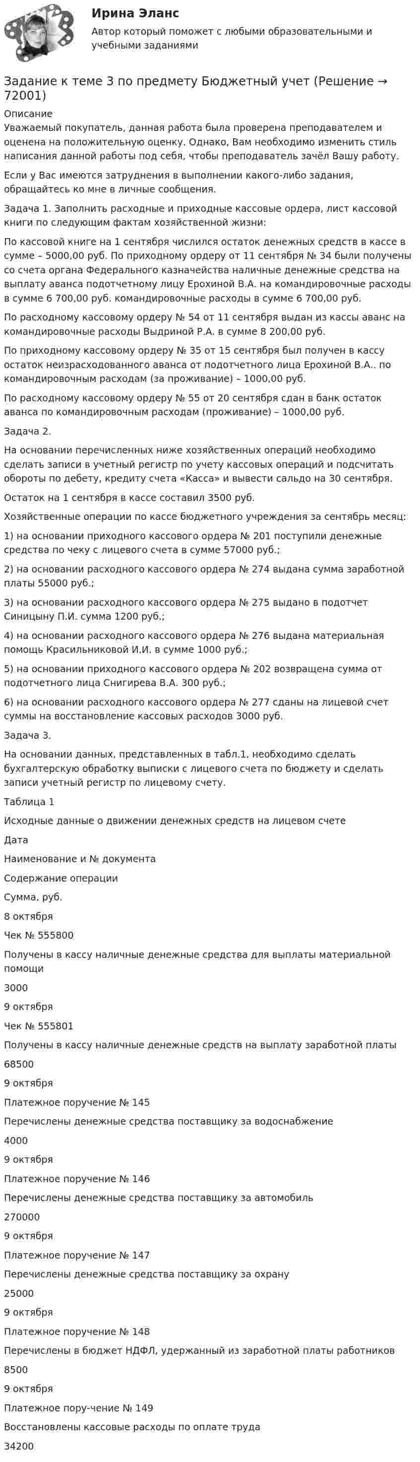      
            Описание
            Уважаемый покупатель, данная работа была проверена преподавателем и оценена на положительную оценку. Однако, Вам необходимо изменить стиль написания данной работы под себя, чтобы преподаватель зачёл Вашу работу.Если у Вас имеются затруднения в выполнении какого-либо задания, обращайтесь ко мне в личные сообщения.	Задача 1. Заполнить расходные и приходные кассовые ордера, лист кассовой книги по следующим фактам хозяйственной жизни:	По кассовой книге на 1 сентября числился остаток денежных средств в кассе в сумме – 5000,00 руб. По приходному ордеру от 11 сентября № 34 были получены со счета органа Федерального казначейства наличные денежные средства на выплату аванса подотчетному лицу Ерохиной В.А. на командировочные расходы в сумме 6 700,00 руб. командировочные расходы в сумме 6 700,00 руб.	По расходному кассовому ордеру № 54 от 11 сентября выдан из кассы аванс на командировочные расходы Выдриной Р.А. в сумме 8 200,00 руб.	По приходному кассовому ордеру № 35 от 15 сентября был получен в кассу остаток неизрасходованного аванса от подотчетного лица Ерохиной В.А.. по командировочным расходам (за проживание) – 1000,00 руб.	По расходному кассовому ордеру № 55 от 20 сентября сдан в банк остаток аванса по командировочным расходам (проживание) – 1000,00 руб.	Задача 2.	На основании перечисленных ниже хозяйственных операций необходимо сделать записи в учетный регистр по учету кассовых операций и подсчитать обороты по дебету, кредиту счета «Касса» и вывести сальдо на 30 сентября.	Остаток на 1 сентября в кассе составил 3500 руб.	Хозяйственные операции по кассе бюджетного учреждения за сентябрь месяц:1)   на основании приходного кассового ордера № 201 поступили денежные средства по чеку с лицевого счета в сумме 57000 руб.;2)   на основании расходного кассового ордера № 274 выдана сумма заработной платы 55000 руб.;3)   на основании расходного кассового ордера № 275 выдано в подотчет Синицыну П.И. сумма 1200 руб.;4)   на основании расходного кассового ордера № 276 выдана материальная помощь Красильниковой И.И. в сумме 1000 руб.;5)   на основании приходного кассового ордера № 202 возвращена сумма от подотчетного лица Снигирева В.А. 300 руб.;6)   на основании расходного кассового ордера № 277 сданы на лицевой счет суммы на восстановление кассовых расходов 3000 руб.	Задача 3.	На основании данных, представленных в табл.1, необходимо сделать бухгалтерскую обработку выписки с лицевого счета по бюджету и сделать записи учетный регистр по лицевому счету. Таблица 1Исходные данные о движении денежных средств на лицевом счете  Дата Наименование и № документа Содержание операции Сумма, руб.   8 октября Чек № 555800 Получены в кассу наличные денежные средства для выплаты материальной помощи 3000   9 октября Чек № 555801 Получены в кассу наличные денежные средств на выплату заработной платы  68500   9 октября Платежное поручение № 145 Перечислены денежные средства поставщику за водоснабжение 4000   9 октября Платежное поручение № 146 Перечислены денежные средства поставщику за автомобиль 270000   9 октября Платежное поручение № 147 Перечислены денежные средства поставщику за охрану 25000   9 октября Платежное поручение № 148 Перечислены в бюджет НДФЛ, удержанный из заработной платы работников  8500   9 октября Платежное пору-чение № 149 Восстановлены кассовые расходы по оплате труда 34200    
            
            
            Задание к теме 3 Необходимо решить ситуационные задачи, отразив хозяйственные операции на счетах бухгалтерского учета в Регистрационном журнале хозяйственных операций (Приложение 1).. 3Задание к теме 3 по предмету Бюджетный учетЗадание к теме 3 Стандартизация как фактор формирования оптимальных технологических процессов в гостиничной деятельности Изучите Постановление Правительства РФ от 16 февраля 2019 г. № 158 «Об утверждении Положения о классификации гостиниц» и ответьте на следующие вопросы:Задание к теме 3. Учет финансовых активов бюджетных учрежденийЗадание к теме 3. Учет финансовых активов бюджетных учрежденийЗадание к теме 3 Экономические ресурсы предприятия Менеджмент. СИБУПКЗадание к теме - 4 Задание к теме 3 Исходные данные (табл.1 - 3): Таблица 1 Остатки незавершенного производства на начало месяца, тыс. руб.: Статья расходов Заказ № 1 (деталь 00125) ЗаказЗадание к теме 3 Исходные данные (табл.1 - 3): Таблица 1 Остатки незавершенного производства на начало месяца, тыс. руб.: Статья расходов Заказ № 1 (деталь 00125) Заказ. 2Задание к теме 3 Исходные данные (табл.1 - 3): Таблица 1 Остатки незавершенного производства на начало месяца, тыс. руб.: Статья расходов Заказ № 1 (деталь 00125) Заказ. 3Задание к теме 3 Логистическое управление закупочной деятельностьюЗадание к теме 3 Маркетингв коммерческой деятельности✔️Задание к теме 3 Необходимо решить ситуационные задачи, отразив хозяйственные операции на счетах бухгалтерского учета в Регистрационном журнале хозяйственных операций (Приложение 1).Задание к теме 3 Необходимо решить ситуационные задачи, отразив хозяйственные операции на счетах бухгалтерского учета в Регистрационном журнале хозяйственных операций (Приложение 1).