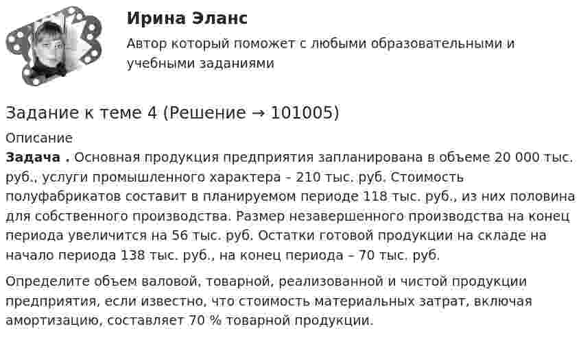      
            Описание
             Задача . Основная продукция предприятия запланирована в объеме 20 000 тыс. руб., услуги промышленного характера – 210 тыс. руб. Стоимость полуфабрикатов составит в планируемом периоде 118 тыс. руб., из них половина для собственного производства. Размер незавершенного производства на конец периода увеличится на 56 тыс. руб. Остатки готовой продукции на складе на начало периода 138 тыс. руб., на конец периода – 70 тыс. руб.	Определите объем валовой, товарной, реализованной и чистой продукции предприятия, если известно, что стоимость материальных затрат, включая амортизацию, составляет 70 % товарной продукции.   
            
            
            Задание к теме 4Задание к теме 4Задание к теме 4.ЗАДАНИЕ К ТЕМЕ 4Задание к теме 4, вариант 4Задание к теме 4 Ввод справочной информацииЗадание к теме 4 «Ввод справочной информации»Задание к теме 3 Необходимо решить ситуационные задачи, отразив хозяйственные операции на счетах бухгалтерского учета в Регистрационном журнале хозяйственных операций (Приложение 1).. 3Задание к теме 3 по предмету Бюджетный учетЗадание к теме 3 Стандартизация как фактор формирования оптимальных технологических процессов в гостиничной деятельности Изучите Постановление Правительства РФ от 16 февраля 2019 г. № 158 «Об утверждении Положения о классификации гостиниц» и ответьте на следующие вопросы:Задание к теме 3. Учет финансовых активов бюджетных учрежденийЗадание к теме 3. Учет финансовых активов бюджетных учрежденийЗадание к теме 3 Экономические ресурсы предприятия Менеджмент. СИБУПКЗадание к теме - 4 