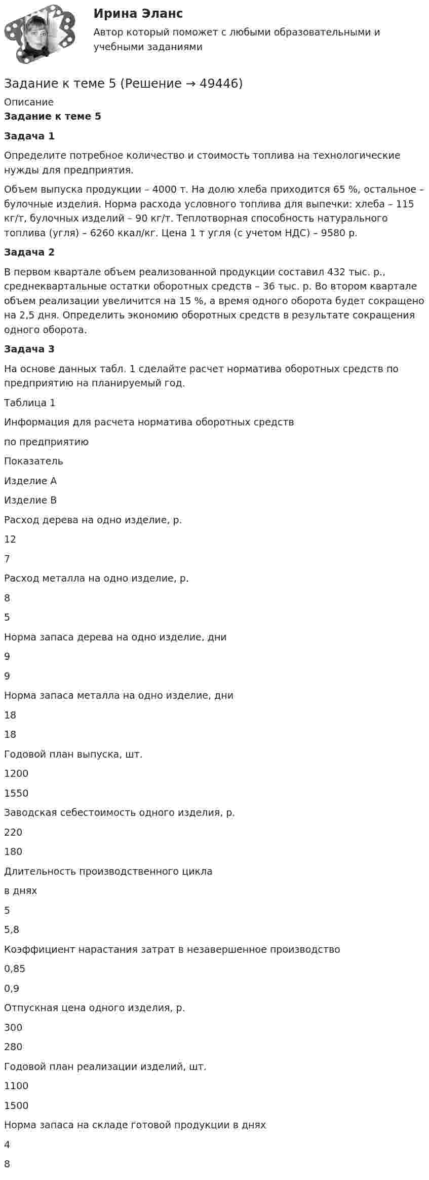     
            Описание
             Задание к теме 5 Задача 1Определите потребное количество и стоимость топлива на технологические нужды для предприятия.Объем выпуска продукции – 4000 т. На долю хлеба приходится 65 %, остальное – булочные изделия. Норма расхода условного топлива для выпечки: хлеба – 115 кг/т, булочных изделий – 90 кг/т. Теплотворная способность натурального топлива (угля) – 6260 ккал/кг. Цена 1 т угля (с учетом НДС) – 9580 р. Задача 2	В первом квартале объем реализованной продукции составил 432 тыс. р., среднеквартальные остатки оборотных средств – 36 тыс. р. Во втором квартале объем реализации увеличится на 15 %, а время одного оборота будет сокращено на 2,5 дня. Определить экономию оборотных средств в результате сокращения одного оборота. Задача 3	На основе данных табл. 1 сделайте расчет норматива оборотных средств по предприятию на планируемый год.	Таблица 1	Информация для расчета норматива оборотных средств по предприятию  Показатель Изделие А Изделие В   Расход дерева на одно изделие, р. 12 7   Расход металла на одно изделие, р. 8 5   Норма запаса дерева на одно изделие, дни 9 9   Норма запаса металла на одно изделие, дни 18 18   Годовой план выпуска, шт. 1200 1550   Заводская себестоимость одного изделия, р. 220 180   Длительность производственного цикла в днях 5 5,8   Коэффициент нарастания затрат в незавершенное производство 0,85 0,9   Отпускная цена одного изделия, р. 300 280   Годовой план реализации изделий, шт. 1100 1500   Норма запаса на складе готовой продукции в днях 4 8   
            
            
            Задание к теме 4: Учет обязательств бюджетных учрежденийЗадание к теме 5Задание к теме 5Задание к теме 5Задание к теме 5Задание к теме 5 по предмету Бюджетный учетЗадание к теме 5. Разработайте должностную инструкцию менеджера коммерческого отдела магазина бытовой техники ООО «Фрегат». Недостающие реквизиты укажите самостоятельно.Задание к теме 4 Ввод справочной информацииЗадание к теме 4 «Ввод справочной информации»Задание к теме 4. Государственное управление в России в XIX –начале XX вв.Задание к теме 4 по предмету Бюджетный учетЗадание к теме 4 «Региональные и территориальные финансы. Бюджетный федерализм» Вариант 1 Проведите анализ и сделайте заключение об исполнении консолидированного бюджета субъекта Федерации (Новосибирской области или другого – на ваш выбор) за последние 3 года.Задание к теме 4 Управление товарными категориямиЗадание к теме 4 Учет в некоммерческих организациях
