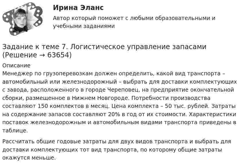      
            Описание
             Менеджер по грузоперевозкам должен определить, какой вид транспорта – автомобильный или железнодорожный – выбрать для доставки комплектующих с завода, расположенного в городе Череповец, на предприятие окончательной сборки, размещенное в Нижнем Новгороде. Потребности производства составляют 150 комплектов в месяц. Цена комплекта – 50 тыс. рублей. Затраты на содержание запасов составляют 20% в год от их стоимости. Характеристики поставок железнодорожным и автомобильным видами транспорта приведены в таблице.	Рассчитать общие годовые затраты для двух видов транспорта и выбрать для доставки комплектующих тот вид транспорта, по которому общие затраты окажутся меньше.   
            
            
            Задание к теме 7 «Государственный кредит и государственный долг» Вариант 2. Найдите статистические данные и сделайте заключение о структуре государственного долга Новосибирской области или другого субъекта Федерации за последние 5 лет.Задание к теме 7. Логистическое управление запасамиЗадание к теме 8. Задание к теме 8 Маркетинг в коммерческой деятельностиЗадание к теме 9Задание к теме 9Задание к теме 9. 1. Марксизм и его развитие в России. 2. Решите кроссворд. По горизонтали: 1. Один из родоначальников утопического социализма. 2. Английский социалист-утопистЗадание к теме 6.  1.   Дайте сравнительную характеристику коммерческим и некоммерческим организациям. Заполните таблицу.Задание к теме 6. Заполнить таблицу Первая революция 1905—1907 гг.: причины, характер, результаты Причины революции Цели революции Этапы революции и основные события на каждом этапе Итоги революции Значение революцииЗадание к теме 6 Необходимо решить ситуационные задачи, отразив хозяйственные операции на счетах бухгалтерского учета в Регистрационном журнале хозяйственных операций (Приложение 1).Задание к теме 6 Необходимо решить ситуационные задачи, отразив хозяйственные операции на счетах бухгалтерского учета в Регистрационном журнале хозяйственных операций (Приложение 1).. 2Задание к теме 6 Рекламная деятельность в коммерческой сфереЗадание к теме 6. Целеполагание, планирование, исполнение Задание к теме 7
