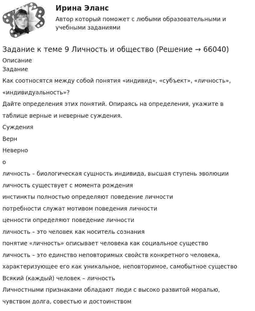      
            Описание
            ЗаданиеКак соотносятся между собой понятия «индивид», «субъект», «личность»,«индивидуальность»?Дайте определения этих понятий. Опираясь на определения, укажите втаблице верные и неверные суждения.СужденияВернНевернооличность – биологическая сущность индивида, высшая ступень эволюцииличность существует с момента рожденияинстинкты полностью определяют поведение личностипотребности служат мотивом поведения личностиценности определяют поведение личностиличность – это человек как носитель сознанияпонятие «личность» описывает человека как социальное существоличность – это единство неповторимых свойств конкретного человека,характеризующее его как уникальное, неповторимое, самобытное существоВсякий (каждый) человек – личностьЛичностными признаками обладают люди с высоко развитой моралью,чувством долга, совестью и достоинством   
            
            
            Задание к теме 9 Изучение ассортимента колбасных изделийЗадание к теме 9 Личность и обществоЗадание к теме 9. Личность и обществоЗАДАНИЕ К ТЕМЕ 9. ОБЩАЯ ОЦЕНКА ФИНАНСОВОГО СОСТОЯНИЯ ОРГАНИЗАЦИИ (правильно решенная задача оценивается в 20 баллов) Задача 1. Финансовое состояние организации является неустойчивым и вызывает опасения у ее делового партнера. Сложившаяся ситуация требует решения, для чего необходимо:ЗАДАНИЕ К ТЕМЕ 9. ОБЩАЯ ОЦЕНКА ФИНАНСОВОГО СОСТОЯНИЯ ОРГАНИЗАЦИИ(правильно решенная задача оценивается в 20 баллов) Задача 1. Финансовое состояние организации является неустойчивым и вызывает опасения у ее делового партнера. Сложившаяся ситуация требует решения, для чего необходимо:Задание к теме 9. « Россия и мир в период перестройки, геополитическое положение России после распада СССР». 1. Приведите не менее трёх примеров понятия «перестройка» с указанием источника (учебника, учебного пособия, электронного ресурса).Задание к теме 9. « Россия и мир в период перестройки, геополитическое положение России после распада СССР». Заполните таблицу «Основные этапы и направления экономических реформ в СССР в период перестройки» Этапы Годы Экономические реформыЗадание к теме 7. Логистическое управление запасамиЗадание к теме 8. Задание к теме 8 Маркетинг в коммерческой деятельностиЗадание к теме 9Задание к теме 9Задание к теме 9. 1. Марксизм и его развитие в России. 2. Решите кроссворд. По горизонтали: 1. Один из родоначальников утопического социализма. 2. Английский социалист-утопистЗадание к теме 9 (2 задание),  Товарный менеджмент и экспертиза качества продовольственных товаров