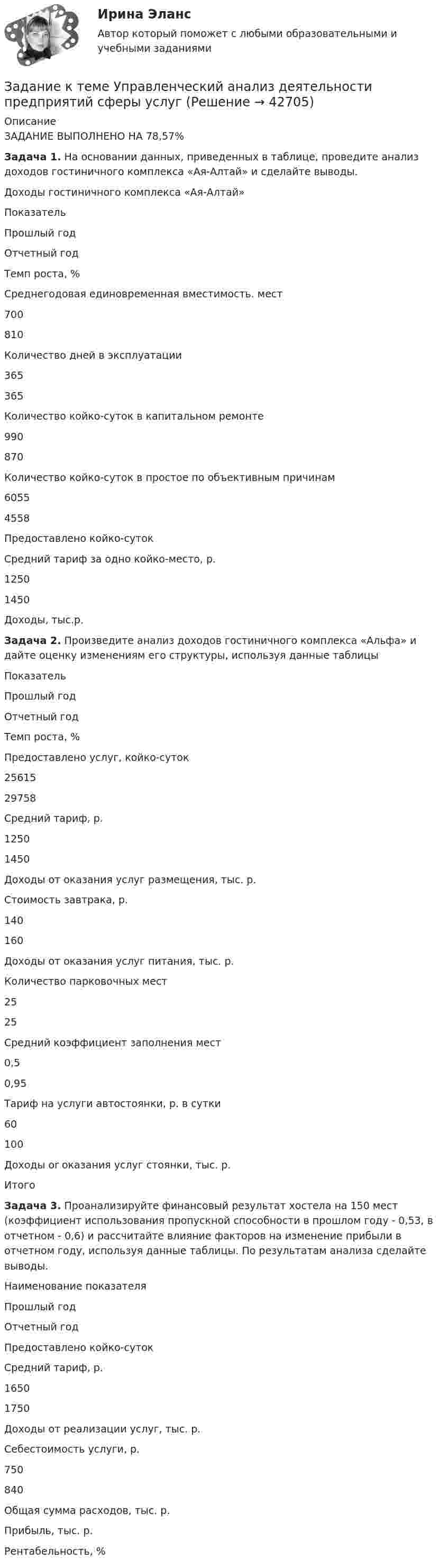      
          Описание
          ЗАДАНИЕ ВЫПОЛНЕНО НА 78,57%Задача 1. На основании данных, приведенных в таблице, проведите анализ доходов гостиничного комплекса «Ая-Алтай» и сделайте выводы. Доходы гостиничного комплекса «Ая-Алтай»ПоказательПрошлый годОтчетный годТемп роста, %Среднегодовая единовременная вместимость. мест700810 Количество дней в эксплуатации365365 Количество койко-суток в капитальном ремонте990870 Количество койко-суток в простое по объективным причинам60554558 Предоставлено койко-суток   Средний тариф за одно койко-место, р.12501450 Доходы, тыс.р.  Задача 2. Произведите анализ доходов гостиничного комплекса «Альфа» и дайте оценку изменениям его структуры, используя данные таблицы ПоказательПрошлый годОтчетный годТемп роста, %Предоставлено услуг, койко-суток2561529758 Средний тариф, р.12501450 Доходы от оказания услуг размещения, тыс. р.  Стоимость завтрака, р.140160 Доходы от оказания услуг питания, тыс. р.  Количество парковочных мест2525 Средний коэффициент заполнения мест0,50,95 Тариф на услуги автостоянки, р. в сутки60100 Доходы or оказания услуг стоянки, тыс. р.   Итого  Задача 3. Проанализируйте финансовый результат хостела на 150 мест (коэффициент использования пропускной способности в прошлом году - 0,53, в отчетном - 0,6) и рассчитайте влияние факторов на изменение прибыли в отчетном году, используя данные таблицы. По результатам анализа сделайте выводы. Наименование показателяПрошлый годОтчетный годПредоставлено койко-суток Средний тариф, р.16501750Доходы от реализации услуг, тыс. р.Себестоимость услуги, р.750840Общая сумма расходов, тыс. р. Прибыль, тыс. р. Рентабельность, %  
            
            
            Задание к темеТК-6Задание к теме Управленческий анализ деятельности предприятий сферы услугЗадание к теме Управленческий анализ деятельности предприятий транспортаЗадание к теме Управленческий анализ деятельности производственных предприятийЗадание к теме Управленческий анализ деятельности сельскохозяйственных предприятийЗадание к теме Управленческий анализ деятельности строительных организацийЗАДАНИЕ К УРОКУ №1 1. Сформулировать Миссию Вашей компании; 2. Определить горизонт планирования; 3. Разработать главные стратегические цели ЗАДАНИЕ К УРОКУ №2 Нарисовать бизнес-модель Остервальдера для Вашего бизнеса (с использованием диаграмм PowerPoint).Задание к теме 9 Страховое акционерное общество «Миранда» заключало договоры страхования на случай потери работы на очень выгодных условиях. Когда к нему обращался потенциальный страхователь, ему предлагалось заполнить заявление и уплатить в кассу страховой взнос, а затем выдавался страховой полис, в котором было сказано, что страховой риск определяется в соответствующих Правилах страхования.Задание к теме № 2: Логика процесса научного исследования.(Основы научных исследований)Задание к теме № 4 «Мотивация и научение». 	Задание к теме № 6. Основные требования, оформлению и защите научных работ студентов.Задание к теме № 6: Основные требования, оформлению и защите научных работ студентов.Задание к  теме № 8 «Конфликты и стрессы».Задание к теме Сущность управленческого анализа и его место в системе управления