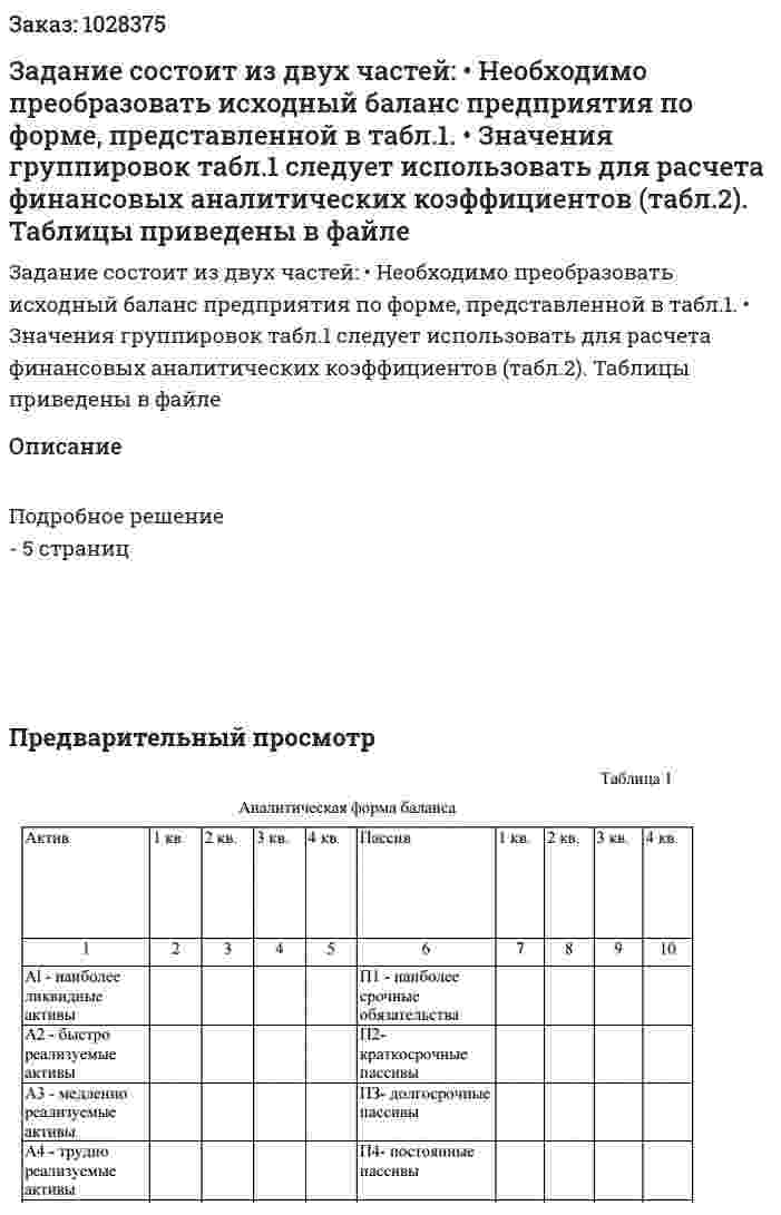 Задание состоит из двух частей: •	Необходимо преобразовать исходный баланс предприятия по форме, представленной в табл.1. •	Значения группировок табл.1 следует использовать для расчета финансовых аналитических коэффициентов (табл.2).  Таблицы приведены в файле 