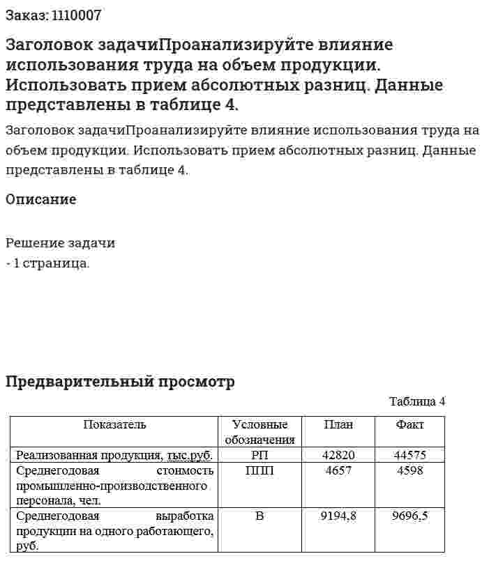 Заголовок задачиПроанализируйте влияние использования труда на объем продукции. Использовать прием абсолютных разниц. Данные представлены в таблице 4. 
