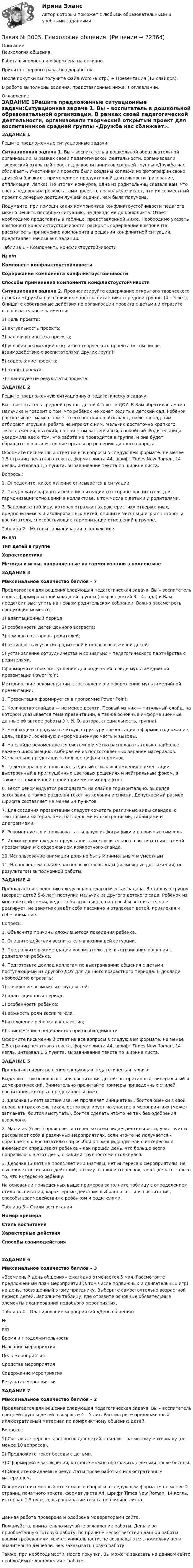      
            Описание
            Психология общения.Работа выполнена и оформлена на отлично.Принята с первого раза, без доработок.После покупки вы получите файл Word (9 стр.) + Презентация (12 слайдов).В работе выполнены задания, представленные ниже, в оглавлении. 
            Оглавление
            ЗАДАНИЕ 1Решите предложенные ситуационные задачи:Ситуационная задача 1. Вы – воспитатель в дошкольной образовательной организации. В рамках своей педагогической деятельности, организовали творческий открытый проект для воспитанников средней группы «Дружба нас сближает». Участниками проекта были созданы коллажи из фотографий своих друзей и близких с применением продуктивной деятельности (рисование, аппликация, лепка). По итогам конкурса, одна из родительниц сказала вам, что очень недовольна результатами проекта, поскольку считает, что их совместный проект с дочерью достоин лучшей оценки, чем была получена.Подумайте, при помощи каких компонентов конфликтоустойчивости педагога можно решить подобную ситуацию, не доводя ее до конфликта. Ответ необходимо представить в таблице, представленной ниже. Необходимо указать компонент конфликтоустойчивости, раскрыть содержание компонента, рассмотреть применение компонента в решении конфликтной ситуации, представленной выше в задании. Таблица 1 – Компоненты конфликтоустойчивости№ п/пКомпонент конфликтоустойчивостиСодержание компонента конфликтоустойчивостиСпособы применения компонента конфликтоустойчивости Ситуационная задача 2. Проанализируйте содержание открытого творческого проекта «Дружба нас сближает» для воспитанников средней группы (4 – 5 лет). Опишите собственные действия по организации проекта с детьми и отразите его обязательные элементы:1) цель проекта;2) актуальность проекта;3) задачи и гипотеза проекта;4) условия реализации открытого творческого проекта (в том числе, взаимодействие с воспитателями других групп);5) содержание проекта;6) этапы проекта;7) планируемые результаты проекта. ЗАДАНИЕ 2Решите предложенную ситуационную педагогическую задачу:Вы – воспитатель средней группы детей 4-5 лет в ДОУ. К Вам обратилась мама мальчика и говорит о том, что ребёнок не хочет ходить в детский сад. Ребёнок рассказывает маме о том, что его постоянно обзывают, смеются над ним, отбирают игрушки, ребята не играют с ним. Мальчик достаточно крепкого телосложения, высокий, но при этом застенчивый, спокойный. Родительница уведомила вас о том, что работа не проводится в группе, и она будет обращаться в вышестоящие органы по решению данного вопроса.Оформите письменный ответ на все вопросы в следующем формате: не менее 1,5 страниц печатного текста, формат листа А4, шрифт Times New Roman, 14 кегль, интервал 1,5 пункта, выравнивание текста по ширине листа. Вопросы:1.      Определите, какое явление описывается в ситуации.2.      Предложите варианты решения ситуаций со стороны воспитателя для гармонизации отношений в коллективе, в том числе с детьми и родителями.3.      Заполните таблицу, которая отражает характеристику отверженных, предпочитаемых и изолированных детей, опишите методы и игры со стороны воспитателя, способствующие гармонизации отношений в группе. Таблица 2 – Методы гармонизации в коллективе№ п/пТип детей в группеХарактеристикаМетоды и игры, направленные на гармонизацию в коллективе ЗАДАНИЕ 3Максимальное количество баллов – 7 Предлагается для решения следующая педагогическая задача. Вы – воспитатель вновь сформированной младшей группы (возраст детей 3 – 4 года) и Вам предстоит выступить на первом родительском собрании. Важно рассмотреть следующие моменты:1) адаптационный период;2) особенности детей данного возраста;3) помощь со стороны родителей;4) активность и участие родителей и педагогов в жизни детей;5) установление сотрудничества и социально – педагогического партнёрства с родителями.Сформируйте своё выступление для родителей в виде мультимедийной презентации Power Point. Методические рекомендации к составлению и оформлению мультимедийной презентации:1. Презентация формируется в программе Power Point.2. Количество слайдов — не менее десяти. Первый из них — титульный слайд, на котором указывается тема презентации, а также основные информационные данные об авторе работы (Ф. И. О. автора, специальность, группа).3. Необходимо продумать чёткую структуру презентации, оформив содержание, цель, задачи, основную информационную часть и выводы.4. На слайде рекомендуется системно и чётко располагать только наиболее важную информацию, выбирая её из подготовленных заранее материалов. Желательно представлять больше цифр и терминов.5. Целесообразно использовать единый стиль оформления презентации, выстроенный в приглушённых цветовых решениях и нейтральным фоном, а также с гармоничной парой применяемых шрифтов.6. Текст рекомендуется располагать на слайде горизонтально, выделяя заголовки, а также разделяя текст на колонки и списки. Допускаемый размер шрифта составляет не менее 24 пунктов.7. Для создания презентации следует сочетать различные виды слайдов: с текстовыми материалами, наглядными иллюстрациями, таблицами и диаграммами.8. Рекомендуется использовать стильную инфографику и различные символы.9. Иллюстрации следует представлять исключительно в соответствии с темой презентации и с содержанием конкретного слайда.10. Использование анимации должно быть минимальным и уместным.11. На последнем слайде располагаются выводы (возможные достижения) по результатам выполненной работы.ЗАДАНИЕ 4Предлагается к решению следующая педагогическая задача. В старшую группу (возраст детей 5-6 лет) поступил мальчик из другого детского сада. Ребёнок из многодетной семьи, ведет себя агрессивно, на просьбы воспитателя не реагирует, на занятиях ведёт себя пассивно и отвлекает детей, привлекая к себе внимание. Вопросы:1. Объясните причины сложившегося поведения ребенка.2. Опишите действия воспитателя в возникшей ситуации.3. Предложите рекомендации воспитателю для выстраивания общения с родителями ребёнка.4. Подготовьте доклад коллегам по выстраиванию общения с детьми, поступающими из другого ДОУ для данного возрастного периода. В докладе необходимо отразить:1) появление возможных трудностей;2) адаптационный период;3) особенности ребёнка;4) важность роли воспитателя;5) вхождение ребёнка в коллектив;6) привлечение специалистов при необходимости. Оформите письменный ответ на все вопросы в следующем формате: не менее 2,5 страниц печатного текста, формат листа А4, шрифт Times New Roman, 14 кегль, интервал 1,5 пункта, выравнивание текста по ширине листа. ЗАДАНИЕ 5 Предлагается для решения следующая педагогическая задача.Выделяют три основных стиля воспитания детей: авторитарный, либеральный и демократический. Внимательно прочитайте примеры приведенных стилей воспитания, которые представлены ниже. 1. Девочка (6 лет) застенчива, не проявляет инициативы, боится оценки в свой адрес, в играх очень тихая, остро реагирует на участие в мероприятиях (может заплакать, боится выступать), боится сделать что-то не так без одобрения взрослого.2. Мальчик (6 лет) проявляет интерес ко всем видам деятельности, участвует и раскрывает себя в различных мероприятиях, если что-то не получается – обращается к воспитателю с просьбой о помощи, родители с интересом и вниманием спрашивают ребёнка – как прошёл день, что больше всего понравилось в этот день, с какими трудностями столкнулся.3. Девочка (5 лет) не проявляет инициативы, нет интереса к мероприятиям, не выполняет посильных действий, потому что «неинтересно», хочет делать только то, что интересно ребёнку.На основании приведенных выше примеров заполните таблицу с определением стиля воспитания, характерные действия выбранного стиля воспитания, способы взаимодействия с ребёнком и родителями. Таблица 3 – Стили воспитанияНомер примераСтиль воспитанияХарактерные действияСпособы взаимодействияЗАДАНИЕ 6Максимальное количество баллов – 3 «Всемирный день общения» ежегодно отмечается 5 мая. Рассмотрите предложенный план мероприятий (в том числе подвижных и двигательных игр) на день, посвященный этому празднику. Выберите самостоятельно возрастной период детей. Заполните таблицу, где отразите основные обязательные элементы планирования подобного мероприятия. Таблица 4 – Планирование мероприятий «День общения»№п/пВремя и продолжительностьНазвание мероприятияЦель мероприятияСредства мероприятияСодержание мероприятия Результат мероприятия ЗАДАНИЕ 7Максимальное количество баллов – 2 Предлагается для решения следующая педагогическая задача. Вы – воспитатель средней группы детей в возрасте 4 – 5 лет. Рассмотрите предложенный иллюстративный материал по конфликтному общению детей.Вопросы:1) Составьте перечень вопросов для детей по иллюстративному материалу (не менее 10 вопросов).2) Предложите текст беседы с детьми.3) Сформируйте заключения, которые можно обозначить с детьми после беседы.4) Опишите ожидаемые результаты после работы с иллюстративным материалом. Оформите письменный ответ на все вопросы в следующем формате: не менее 2 страниц печатного текста, формат листа А4, шрифт Times New Roman, 14 кегль, интервал 1,5 пункта, выравнивание текста по ширине листа. Данная работа проверена и одобрена модераторами сайта.  Пожалуйста, внимательно изучайте оглавление работы. Деньги за приобретенную готовую работу, по причине несоответствия данной работы вашим требованиям, или ее уникальности, не возвращаются, поскольку цена значительно дешевле, чем заказывать новую работу. Также, при необходимости, после покупки, Вы можете заказать на данном сайте необходимые дополнения к работе.  
            
            
            Заказ № 3004. Физика. Вариант № 5. Заказ № 3005. Психология общения. Заказ № 3014. Советско-Гаванский промышленно-технологический техникум. Контрольная работа по дисциплине ЕН.02 Информатика. Вариант № 10.Заказ № 3014. Советско-Гаванский промышленно-технологический техникум. Контрольная работа по дисциплине Иностранный язык в профессиональной деятельности. Вариант № 4.Заказ № 3014. Советско-Гаванский промышленно-технологический техникум. Контрольная работа по дисциплине Математика. Вариант № 1.Заказ № 3014. Советско-Гаванский промышленно-технологический техникум. Контрольная работа по дисциплине Материаловедение. Вариант № 4.Заказ № 3014. Советско-Гаванский промышленно-технологический техникум. Контрольная работа по дисциплине Техническая механика. Вариант № 10.Заказ № 2976. Финансово-экономический колледж. Практическое задание по СтатистикеЗаказ № 2977. Финансово-экономический колледж. Экзамен по модулю ПМ.01 Планирование и организация логистического процесса в организациях (подразделениях) различных сфер деятельностиЗаказ № 2977. Финансово-экономический колледж. Экзамен по модулю ПМ. 03 «Оптимизация ресурсов организаций (подразделений), связанных с материальными и нематериальными потоками»Заказ № 2993. Многопрофильная Академия непрерывного образования. Курсовая работа  по дисциплине «Дошкольная педагогика» на тему: «Развитие самостоятельности у детей дошкольного возраста на занятиях рисованием».Заказ № 2995. Задания по математикеЗаказ № 2995. Задания по Физике.Заказ № 3003. Математика. Вариант № 1. 