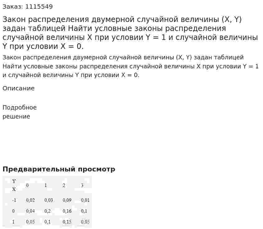 Закон распределения двумерной случайной величины (Х, Y) задан таблицей  Найти условные законы распределения случайной величины Х при условии Y = 1 и случайной величины Y при условии Х = 0. 