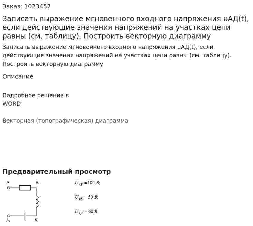 Записать выражение мгновенного входного напряжения uАД(t), если действующие значения напряжений на участках цепи равны (см. таблицу). Построить векторную диаграмму 